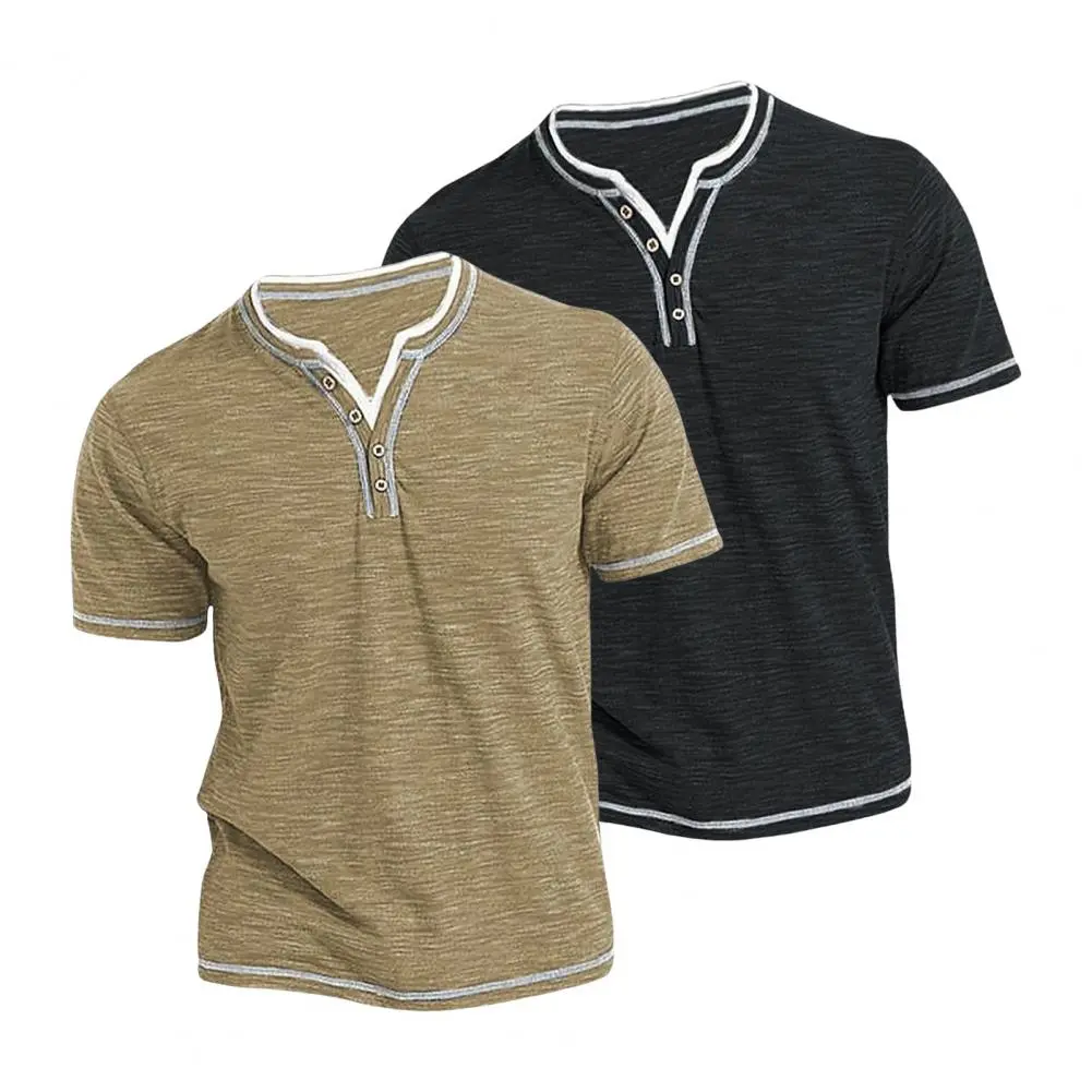 Men Summer Top Button V Neck Short Sleeves Soft Tee Shirt Contrast Color Striped Casual Pullover Mid Length Daily T-shirt