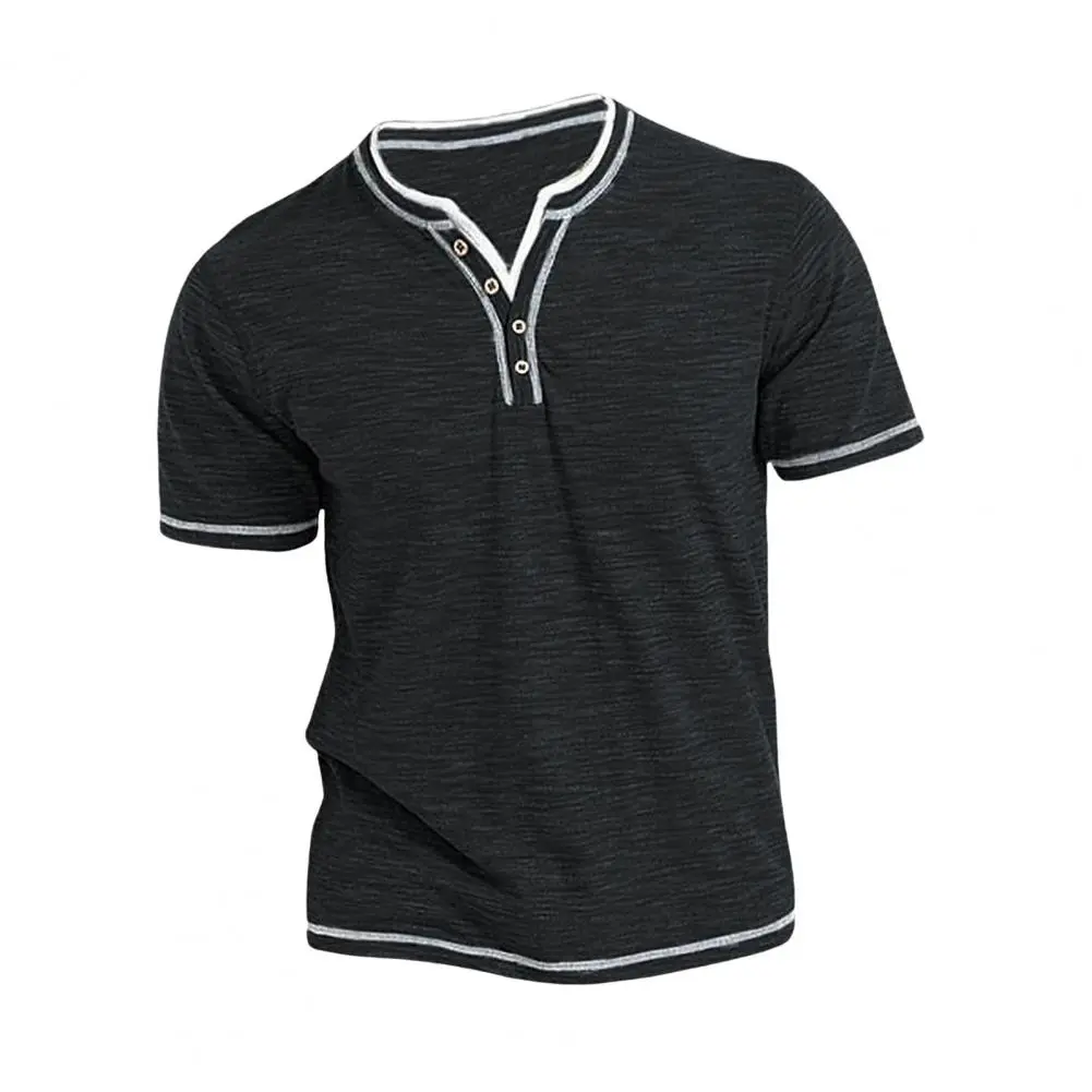 Men Summer Top Button V Neck Short Sleeves Soft Tee Shirt Contrast Color Striped Casual Pullover Mid Length Daily T-shirt