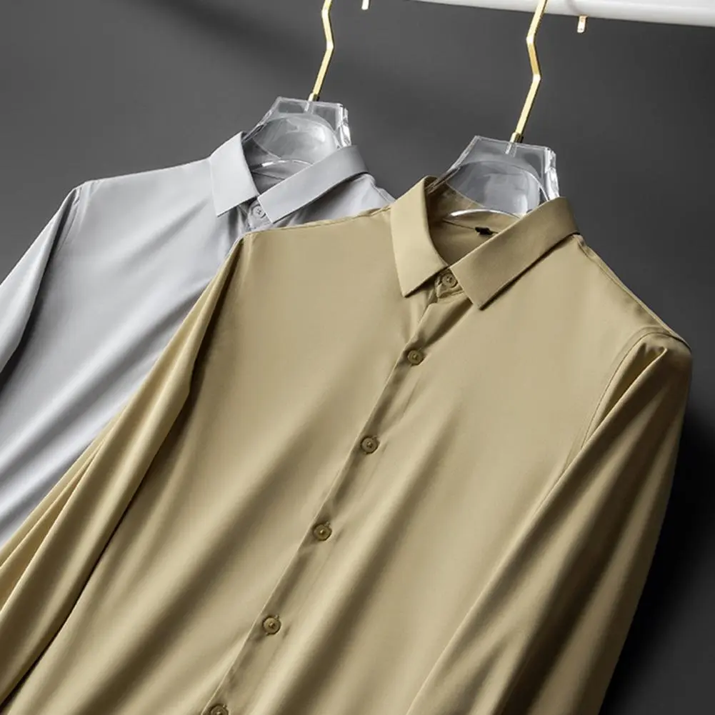 Men Spring Shirt Solid Color Satin Single-breasted Slim Fit Cardigan Long Sleeves Mid Length Casual Business Men Office Top