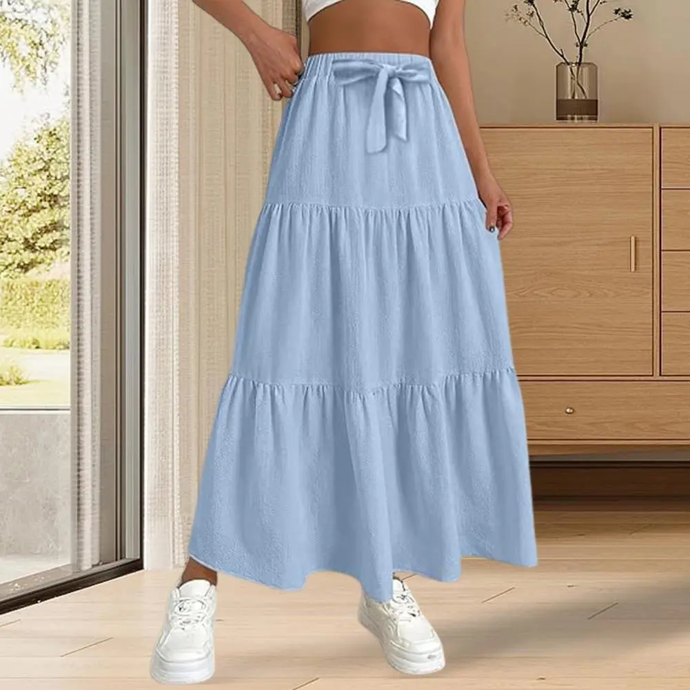 Maxi Skirt with Elastic Belt A-line Maxi Skirt Elegant Women's Maxi Skirt with Adjustable Drawstring Waist Ruffle for Stylish