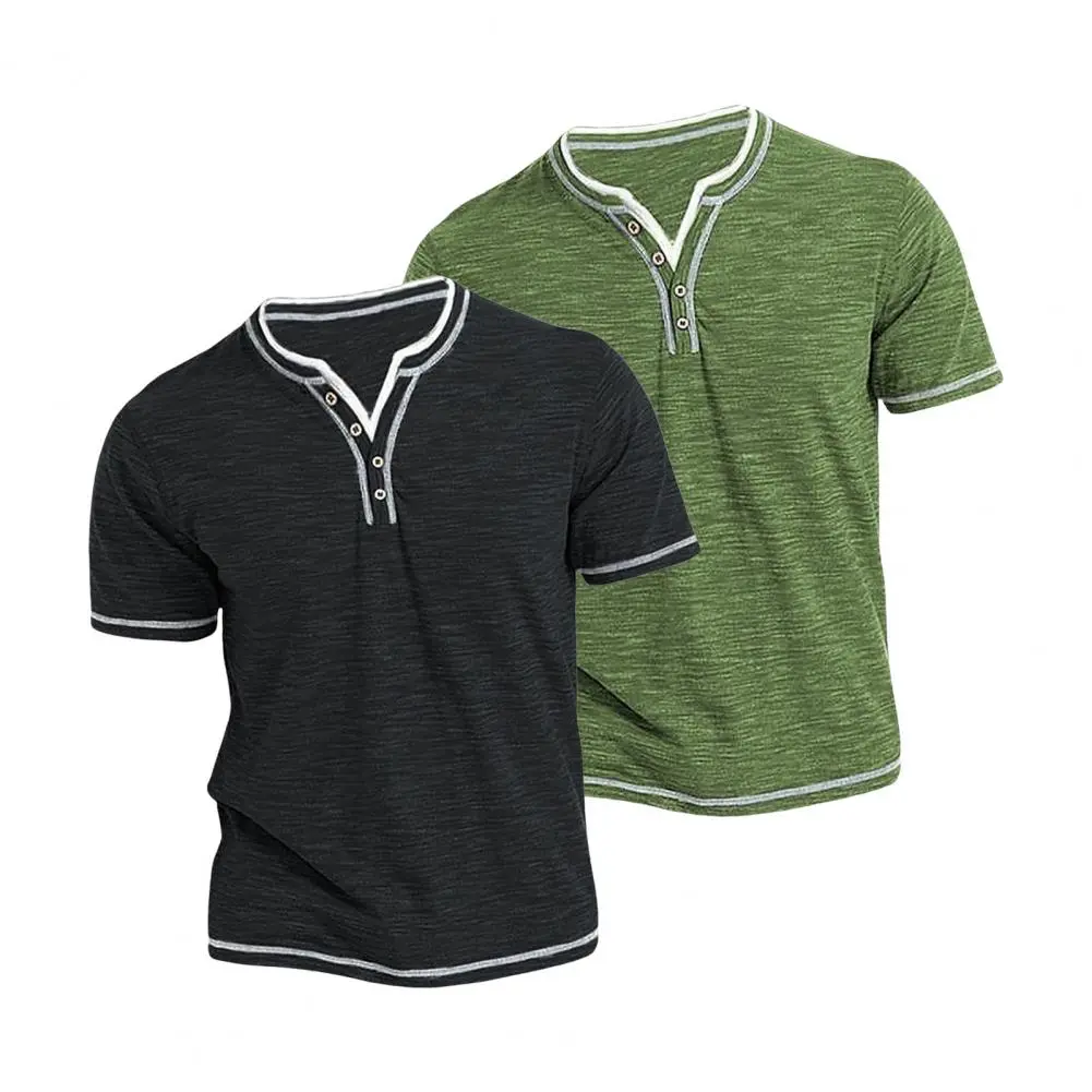 Men Summer Top Button V Neck Short Sleeves Soft Tee Shirt Contrast Color Striped Casual Pullover Mid Length Daily T-shirt