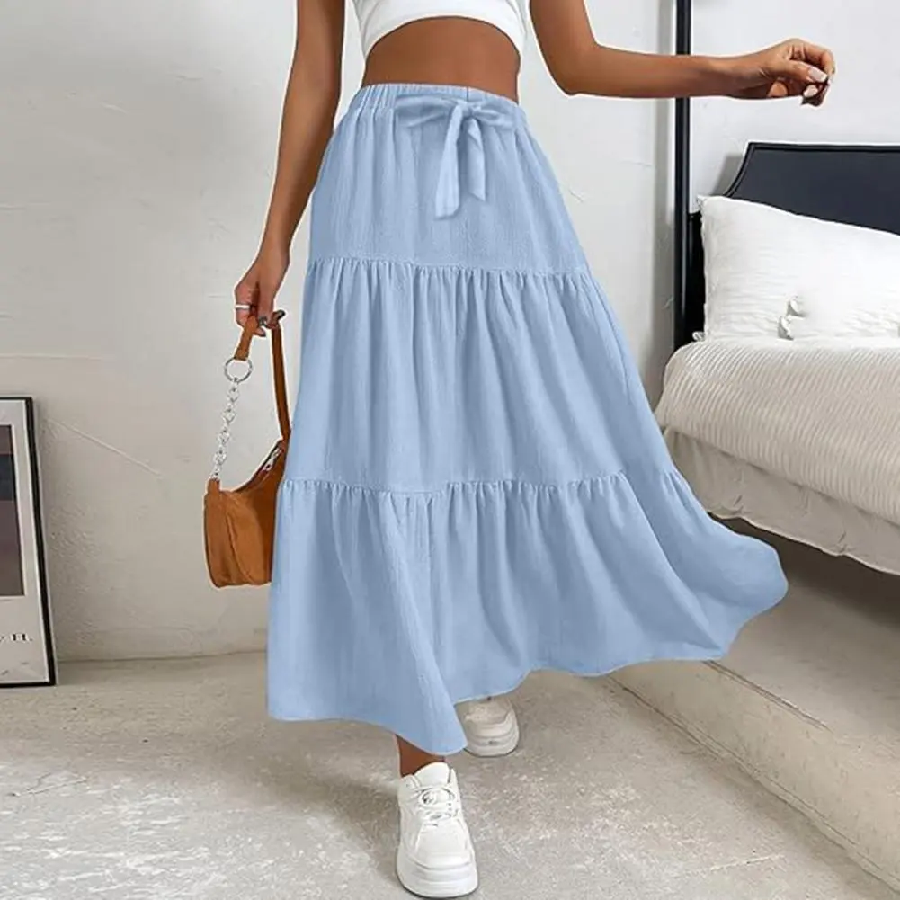 Maxi Skirt with Elastic Belt A-line Maxi Skirt Elegant Women's Maxi Skirt with Adjustable Drawstring Waist Ruffle for Stylish