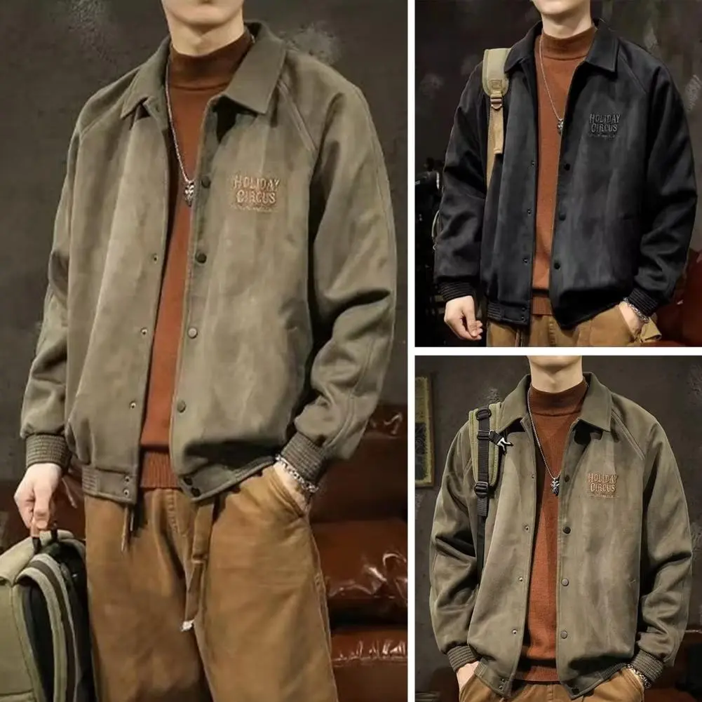 Turn-down Collar Single-breasted Men Coat Pockets Thick Smooth Solid Color Retro Mid Length Baseball Coat Fall Winter Jacket