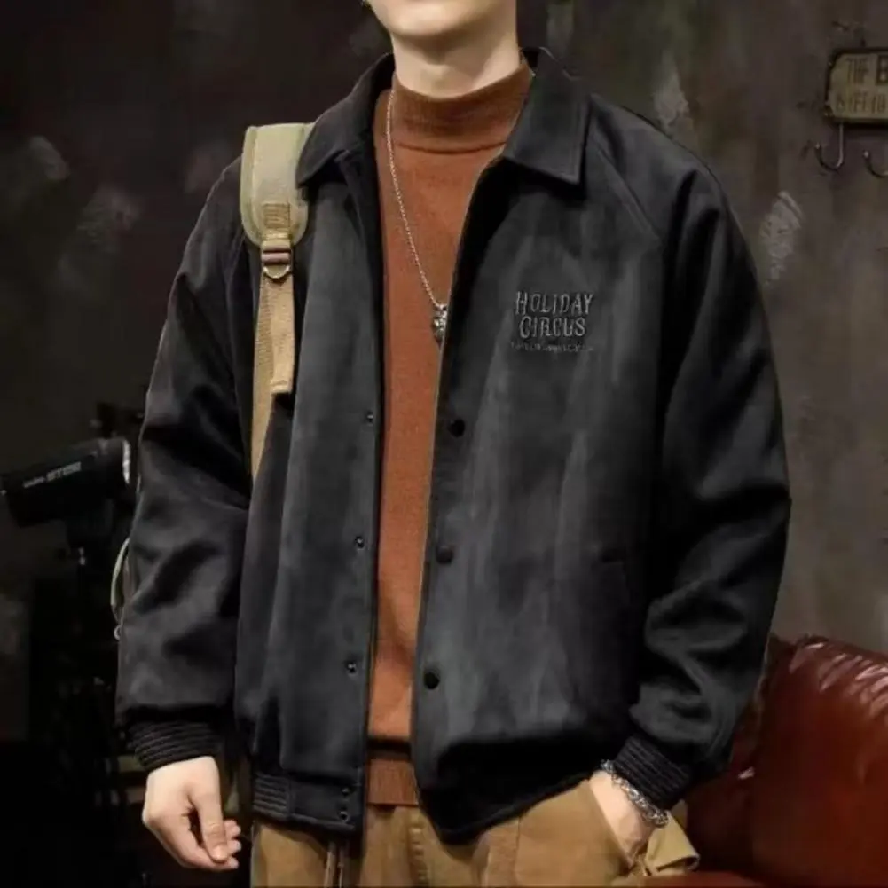 Turn-down Collar Single-breasted Men Coat Pockets Thick Smooth Solid Color Retro Mid Length Baseball Coat Fall Winter Jacket