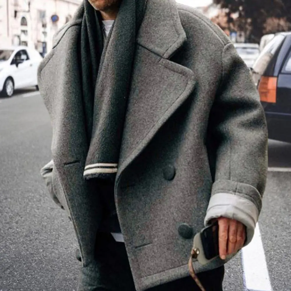 Men Woolen Coat Solid Color Woolen Coat Stylish Men's Double Breasted Winter Coat Lapel Long Sleeve Solid Color Woolen Outwear
