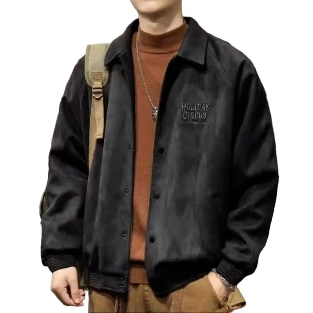 Turn-down Collar Single-breasted Men Coat Pockets Thick Smooth Solid Color Retro Mid Length Baseball Coat Fall Winter Jacket