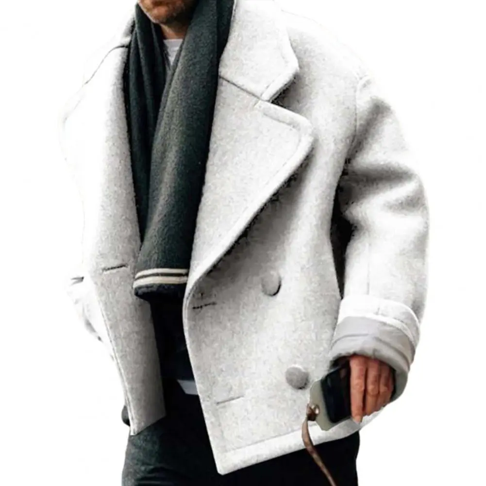 Men Woolen Coat Solid Color Woolen Coat Stylish Men's Double Breasted Winter Coat Lapel Long Sleeve Solid Color Woolen Outwear