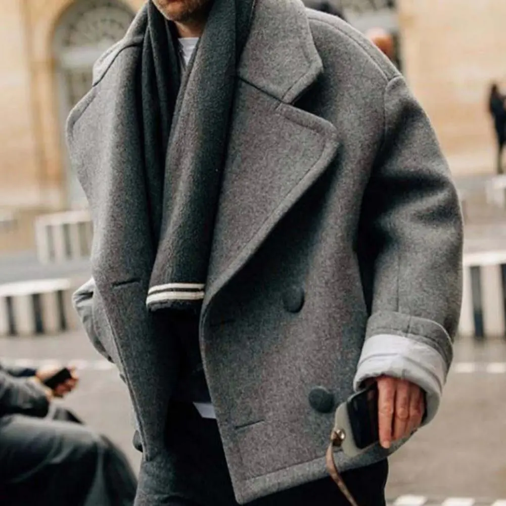 Men Woolen Coat Solid Color Woolen Coat Stylish Men's Double Breasted Winter Coat Lapel Long Sleeve Solid Color Woolen Outwear