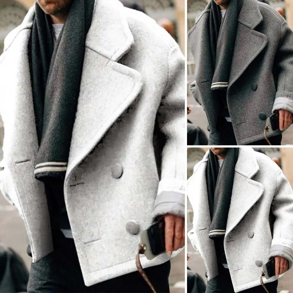 Men Woolen Coat Solid Color Woolen Coat Stylish Men's Double Breasted Winter Coat Lapel Long Sleeve Solid Color Woolen Outwear