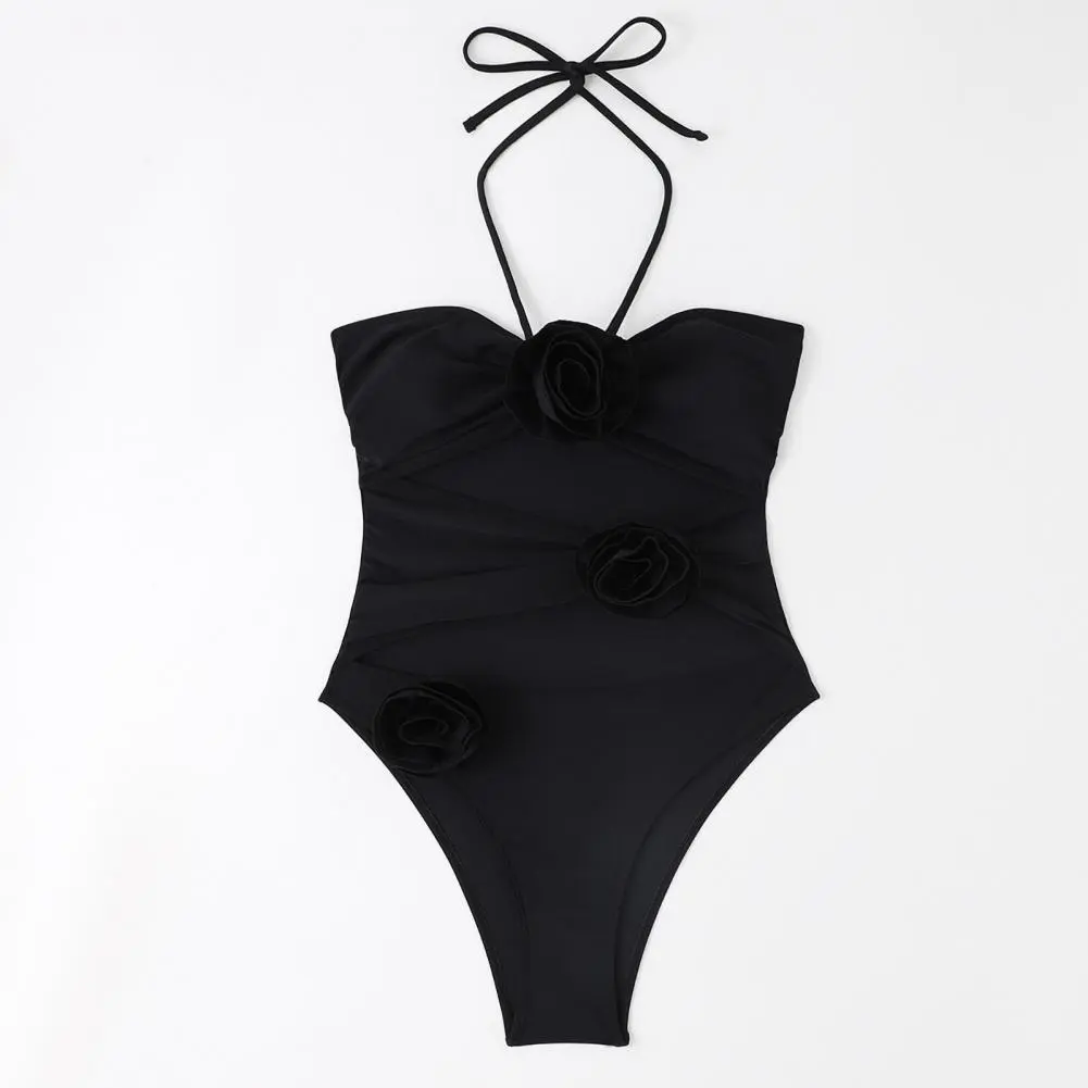 3d Flower Decor Monokini Sexy One-piece Swimsuit Stylish Women's One-piece Swimsuits with Tummy Control High Waisted Design