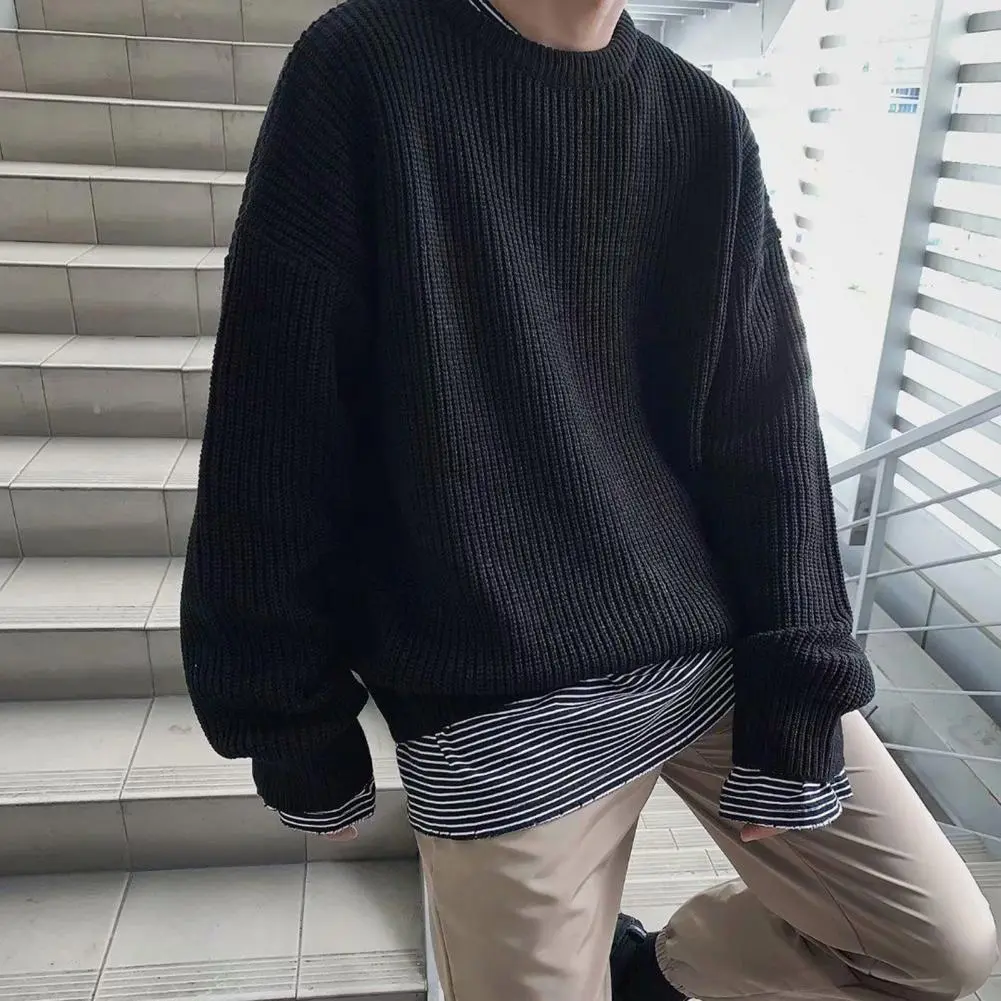 Korean Style Autumn Winter Men Pullover Sweater O-neck Long Sleeve Solid Color Loose Fit Knitting Tops Streetwear