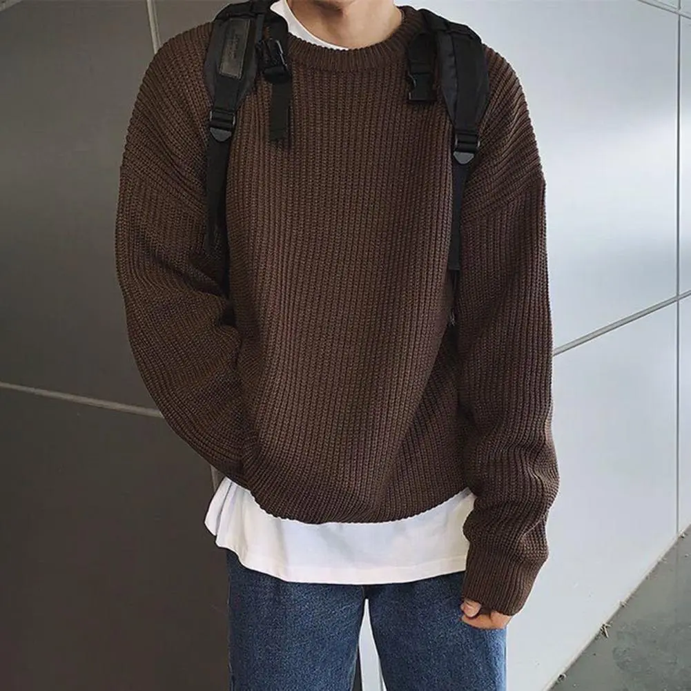 Korean Style Autumn Winter Men Pullover Sweater O-neck Long Sleeve Solid Color Loose Fit Knitting Tops Streetwear