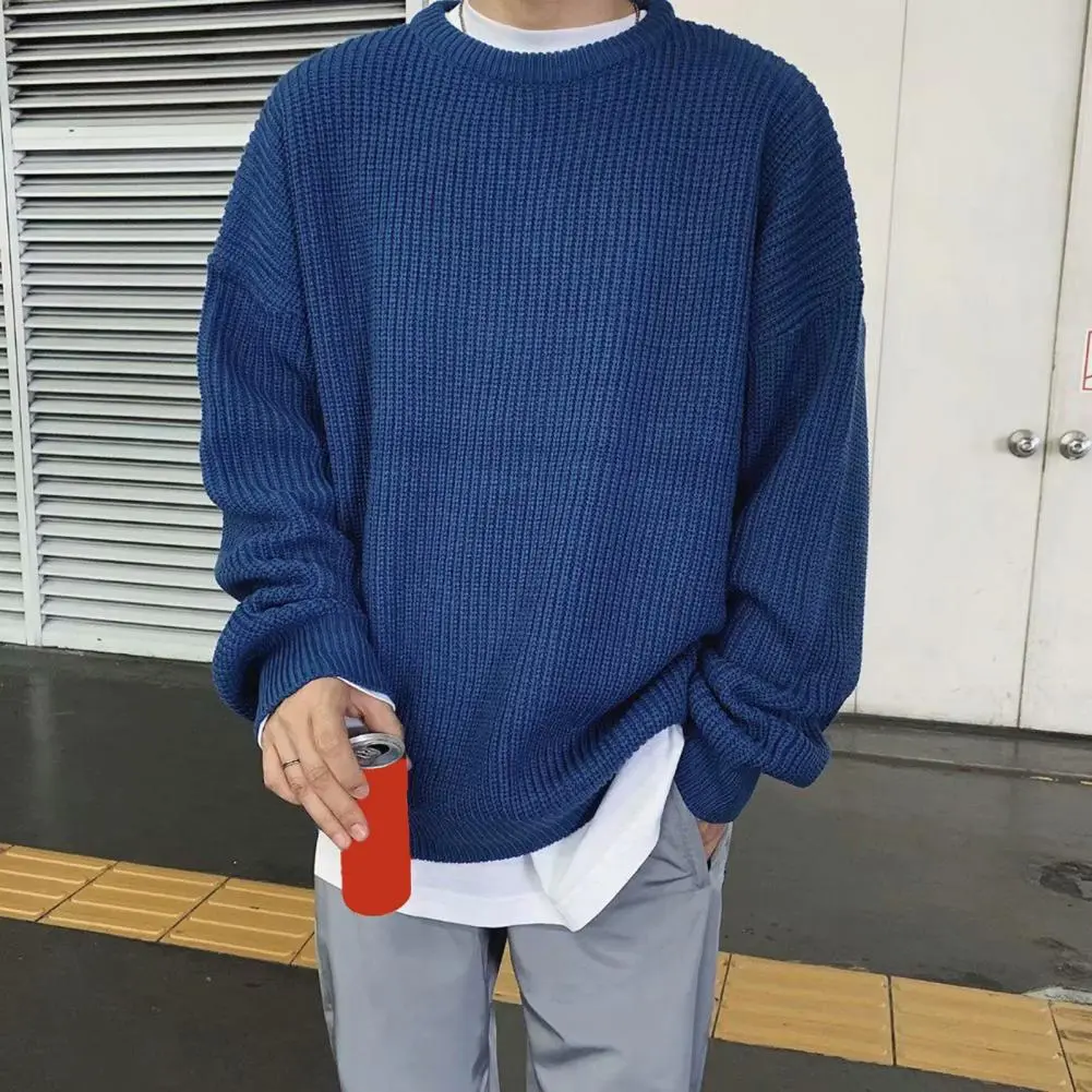 Korean Style Autumn Winter Men Pullover Sweater O-neck Long Sleeve Solid Color Loose Fit Knitting Tops Streetwear