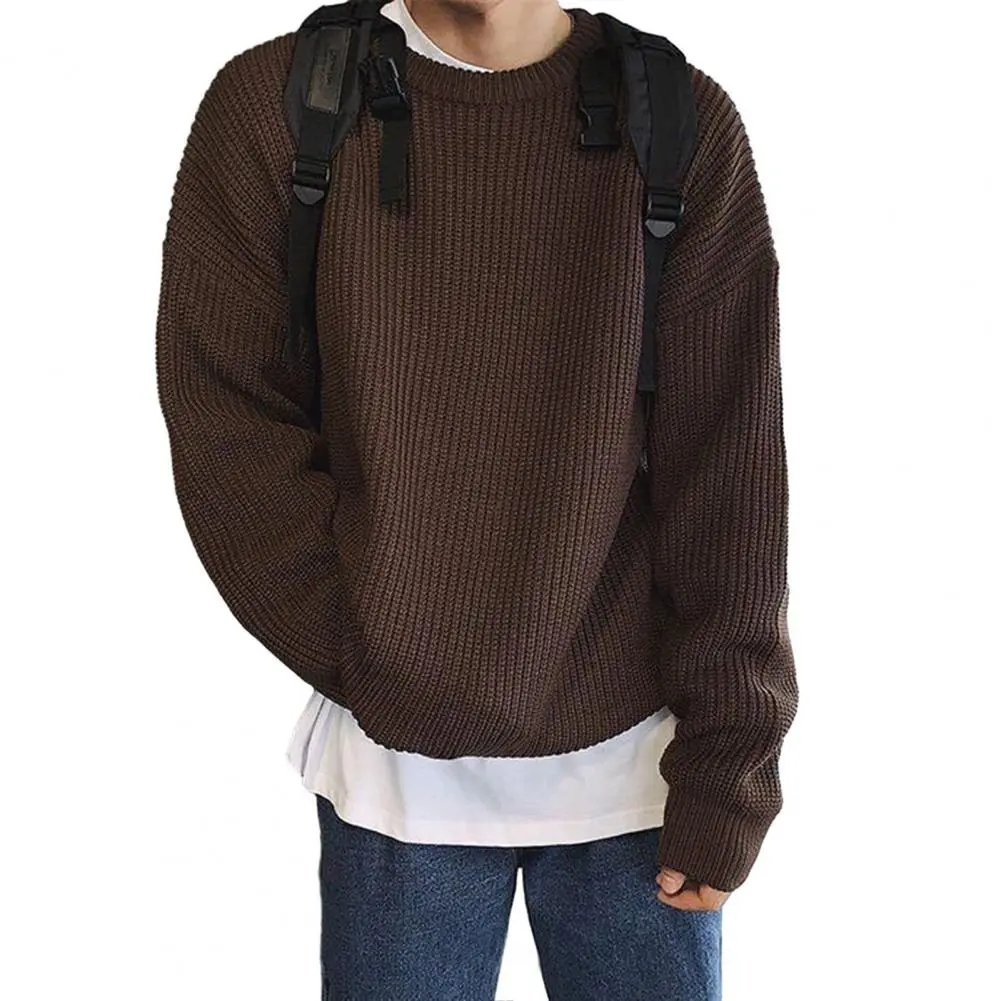 Korean Style Autumn Winter Men Pullover Sweater O-neck Long Sleeve Solid Color Loose Fit Knitting Tops Streetwear