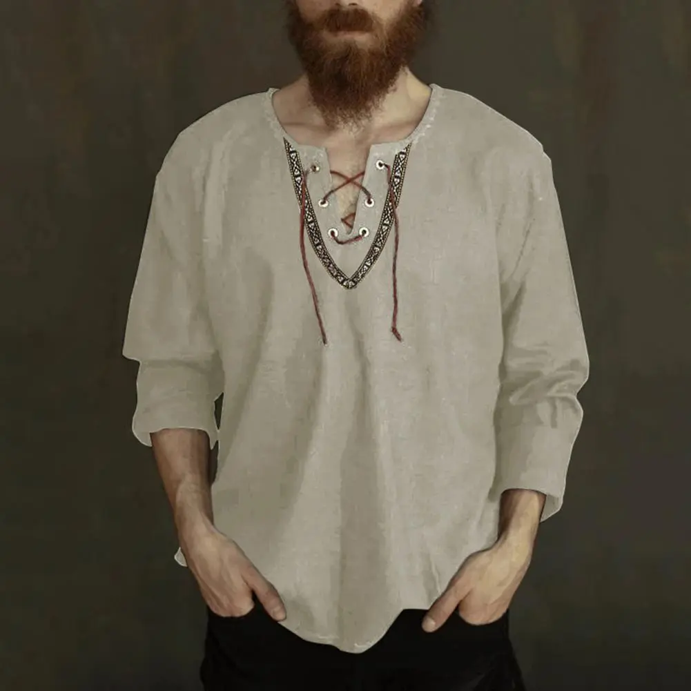 Solid Color Men Shirt Front Lace Up Top V Neck Long Sleeve Loose Pullover Shirt Top camisas de hombre Streetwear
