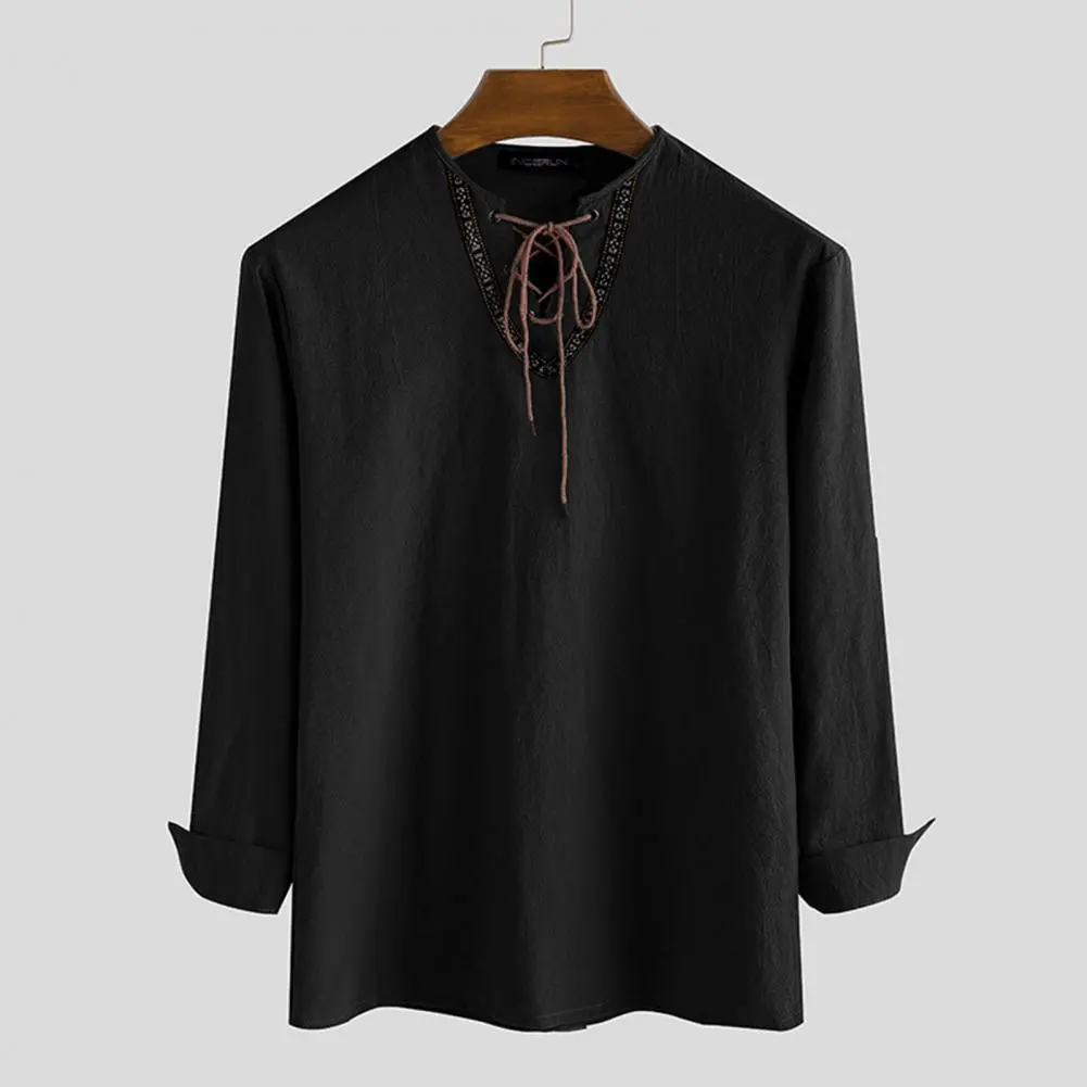 Solid Color Men Shirt Front Lace Up Top V Neck Long Sleeve Loose Pullover Shirt Top camisas de hombre Streetwear
