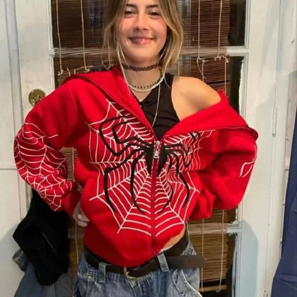 Comfortable Women Hoodie Women Long-sleeve Coat Spider Cobweb Print Women's Hooded Jacket with Zipper Closure Elastic Cuff Thick