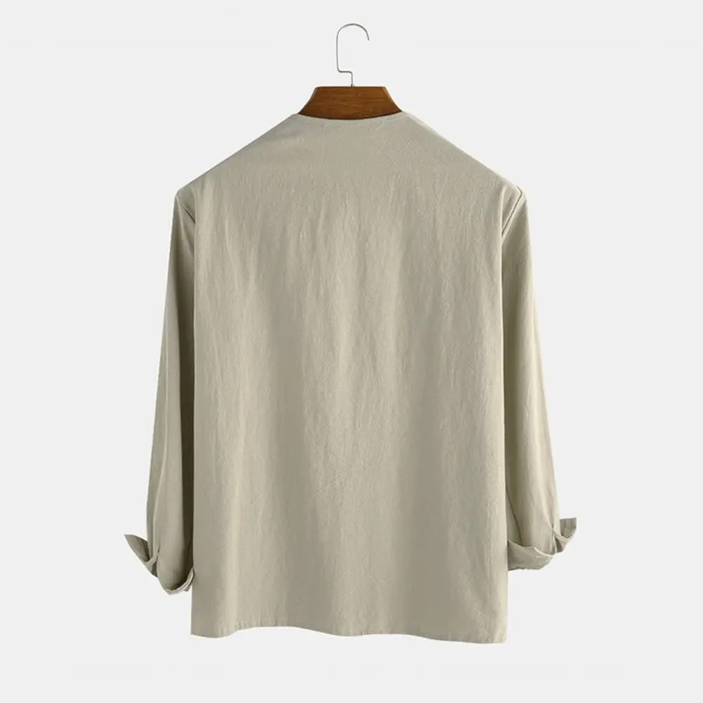 Solid Color Men Shirt Front Lace Up Top V Neck Long Sleeve Loose Pullover Shirt Top camisas de hombre Streetwear