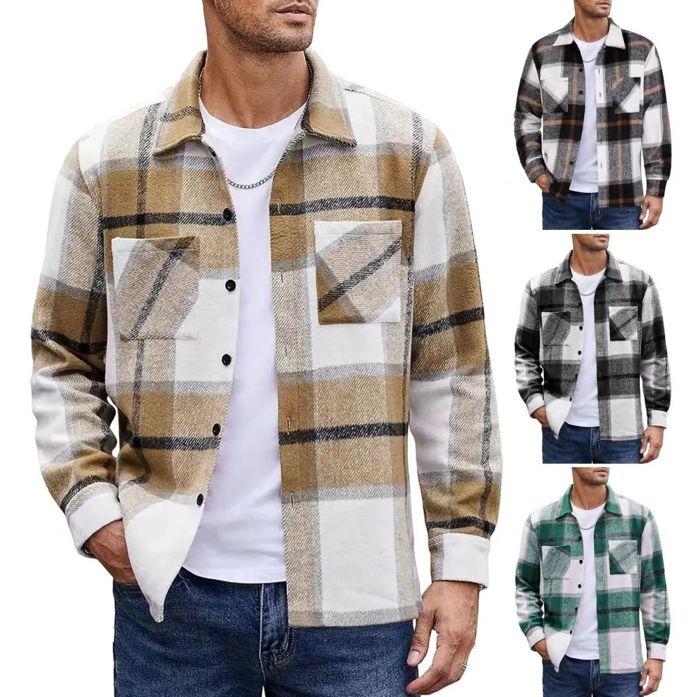 Autumn Winter Plaid Print Shirt Coat Men Lapel Long Sleeve Pocket Shirt Jacket Loose Fit Single Breasted Thickened Shirt Outwear