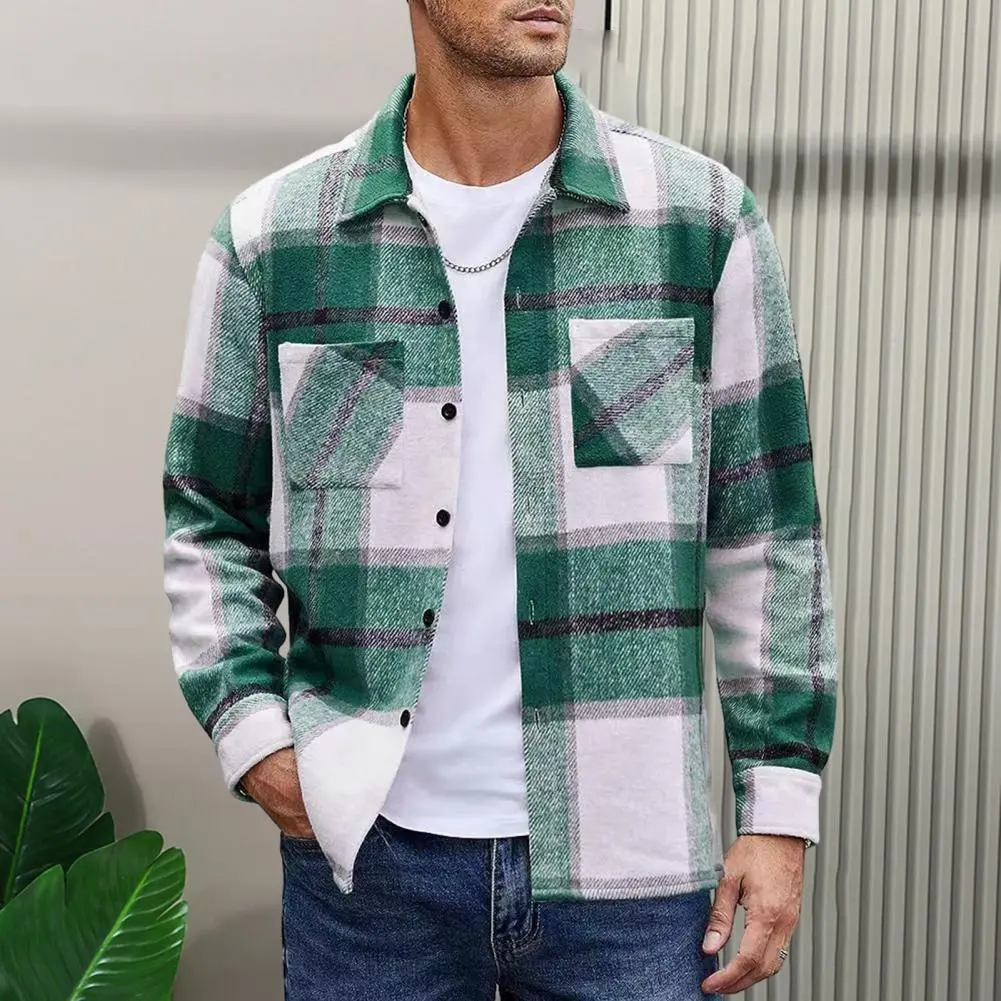 Autumn Winter Plaid Print Shirt Coat Men Lapel Long Sleeve Pocket Shirt Jacket Loose Fit Single Breasted Thickened Shirt Outwear