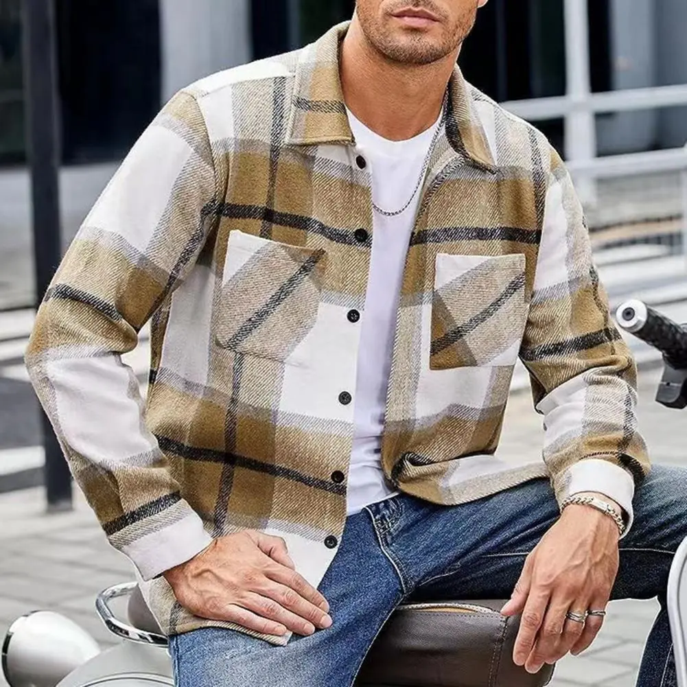 Autumn Winter Plaid Print Shirt Coat Men Lapel Long Sleeve Pocket Shirt Jacket Loose Fit Single Breasted Thickened Shirt Outwear