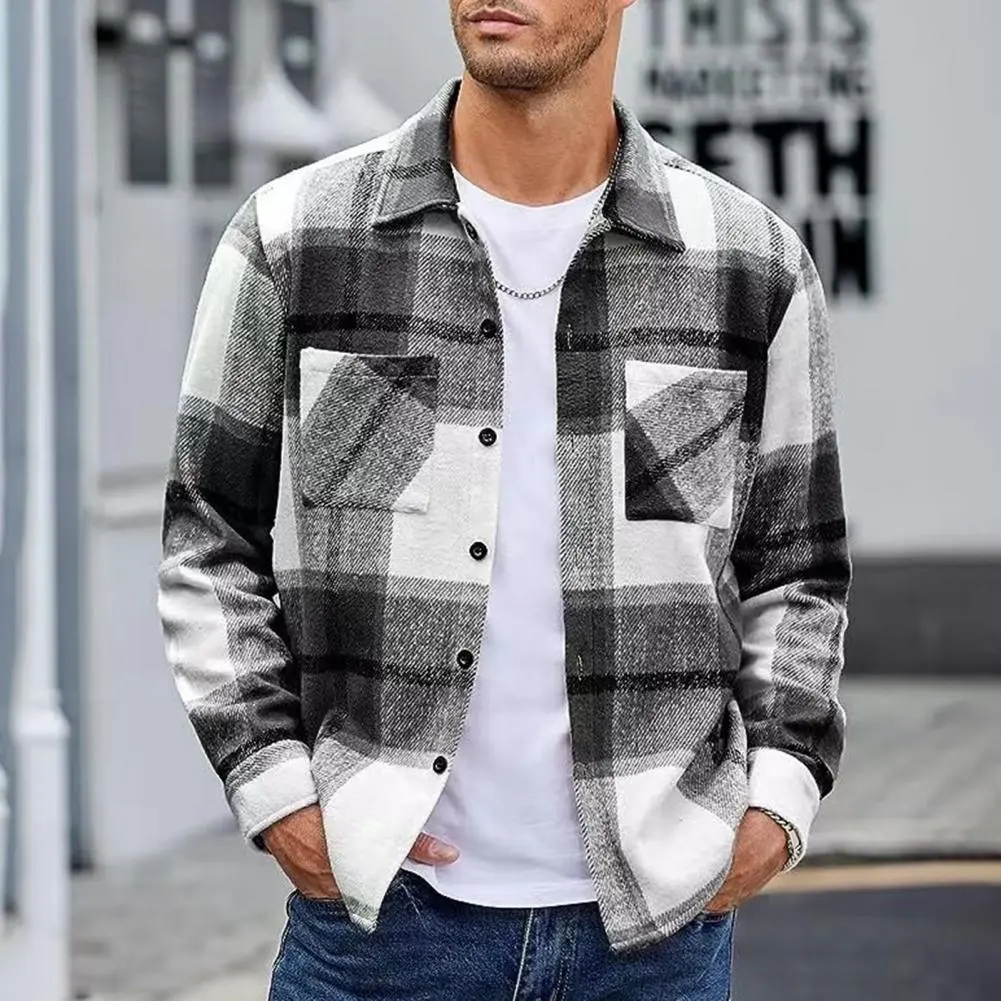 Autumn Winter Plaid Print Shirt Coat Men Lapel Long Sleeve Pocket Shirt Jacket Loose Fit Single Breasted Thickened Shirt Outwear