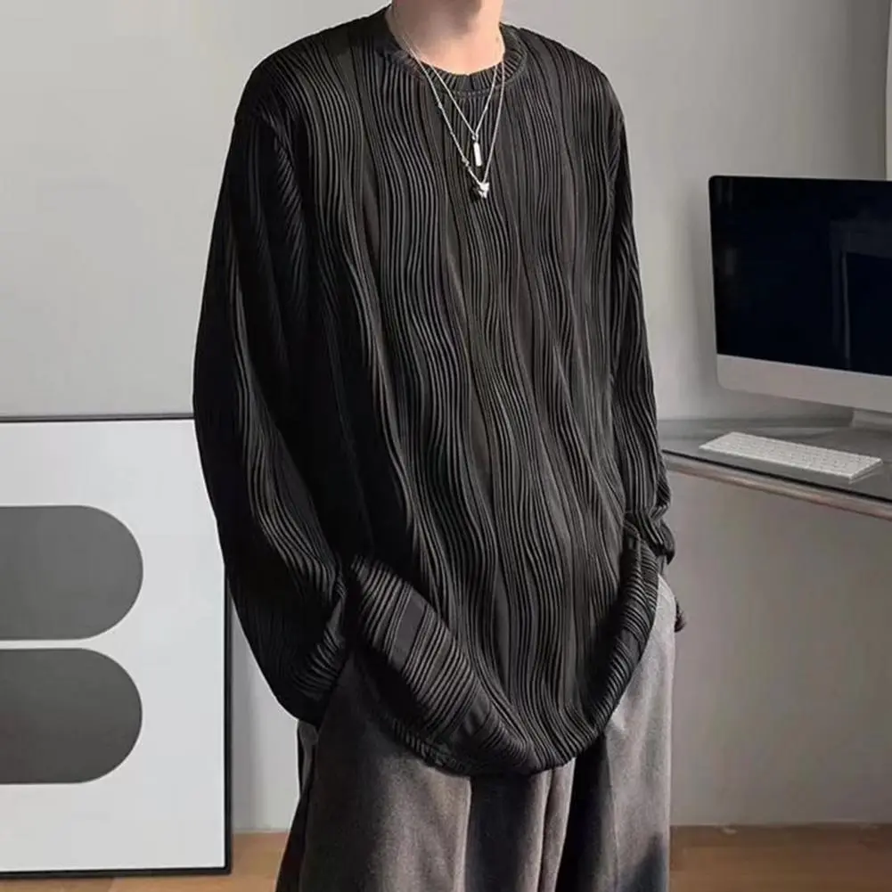 Water Wave Texture Men Top Fall Spring Round Neck Long Sleeve Oversized Tee Shirt Loose Pullover Mid Length Men Soft T-shirt