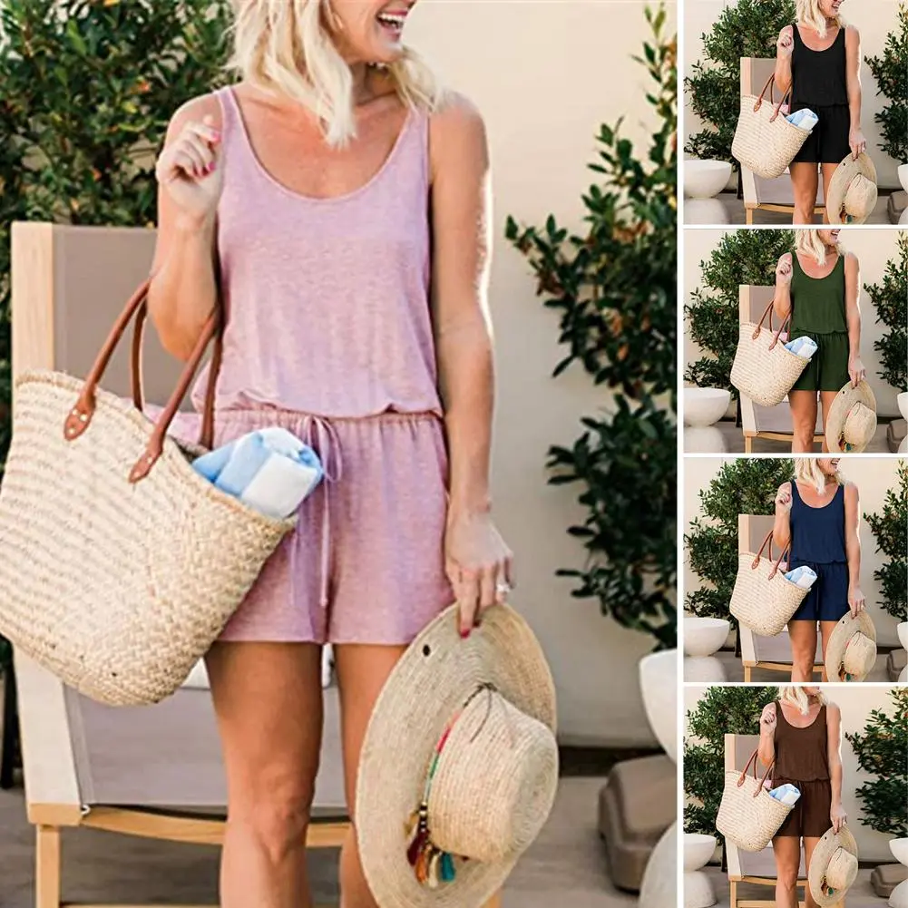 Women Romper Women Vest Romper Stylish Women's Summer Romper with Drawstring Waist Sleeveless Design for Casual Daily Wear Beach