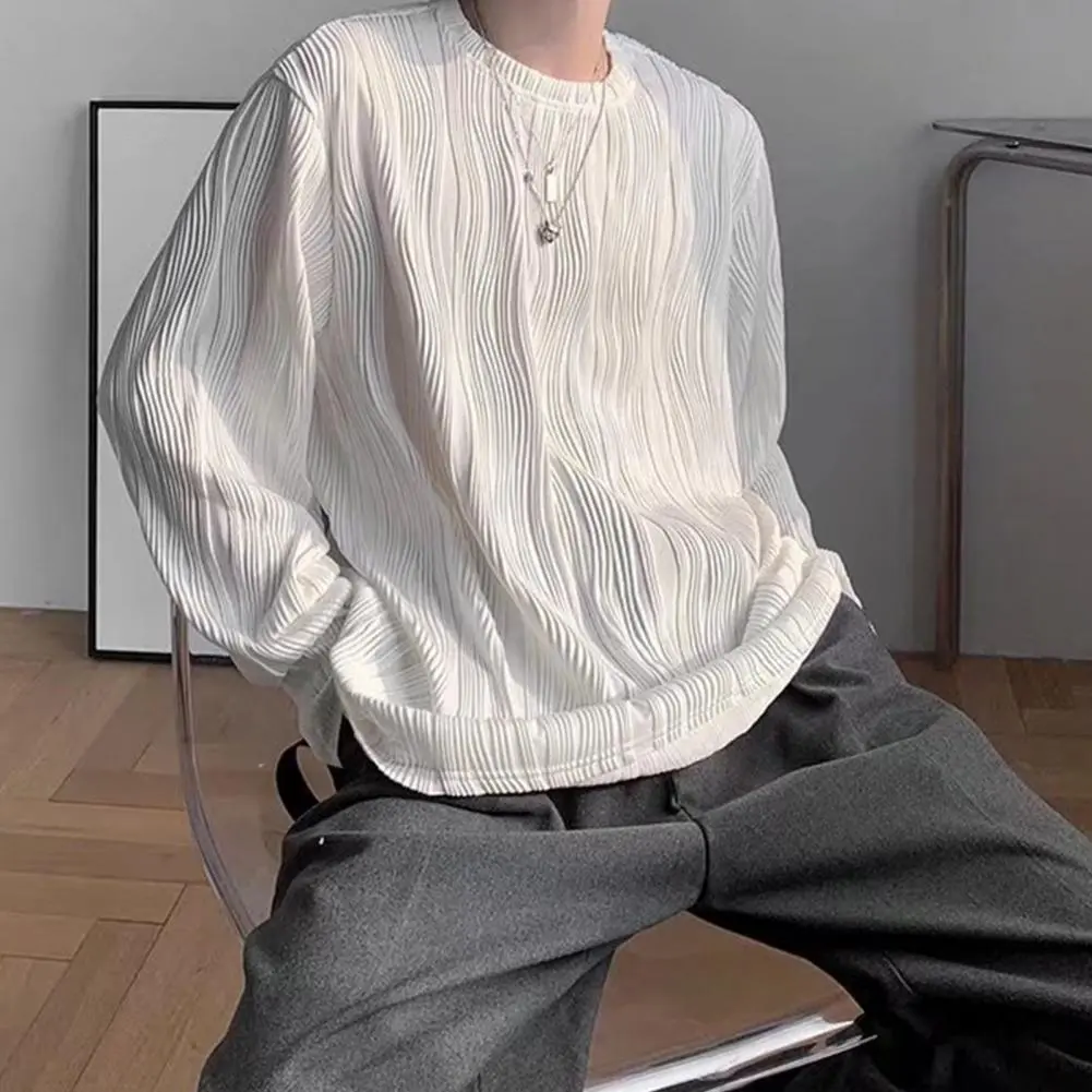 Water Wave Texture Men Top Fall Spring Round Neck Long Sleeve Oversized Tee Shirt Loose Pullover Mid Length Men Soft T-shirt