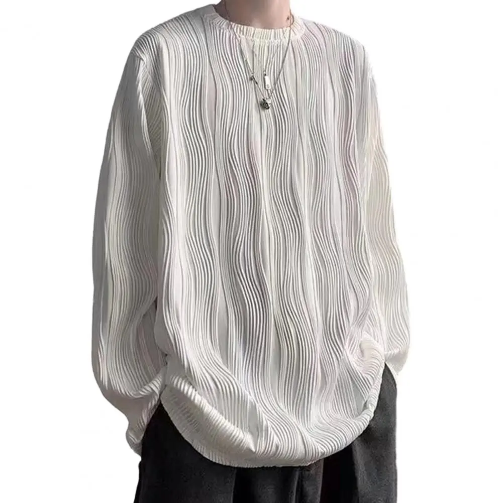 Water Wave Texture Men Top Fall Spring Round Neck Long Sleeve Oversized Tee Shirt Loose Pullover Mid Length Men Soft T-shirt