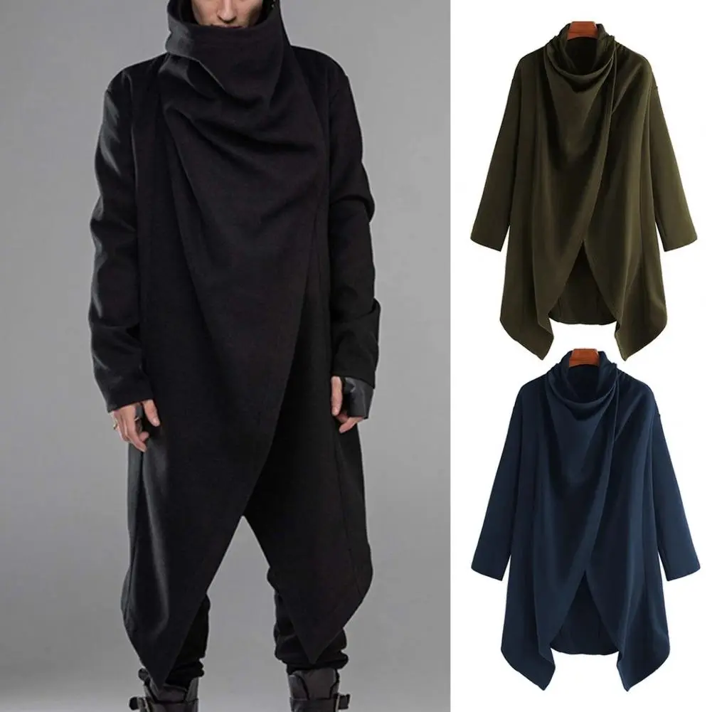 Men Wool Blend Jacket Mid-length Men Windbreaker Punk Style Men's High Collar Cloak Coat with Irregular Hem Street for Winter