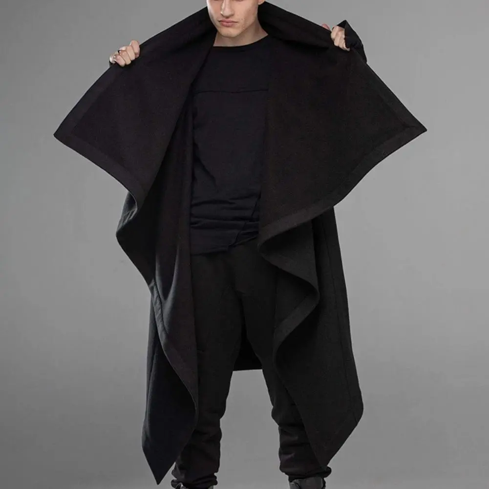 Men Wool Blend Jacket Mid-length Men Windbreaker Punk Style Men's High Collar Cloak Coat with Irregular Hem Street for Winter