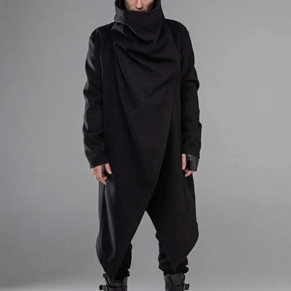 Men Wool Blend Jacket Mid-length Men Windbreaker Punk Style Men's High Collar Cloak Coat with Irregular Hem Street for Winter
