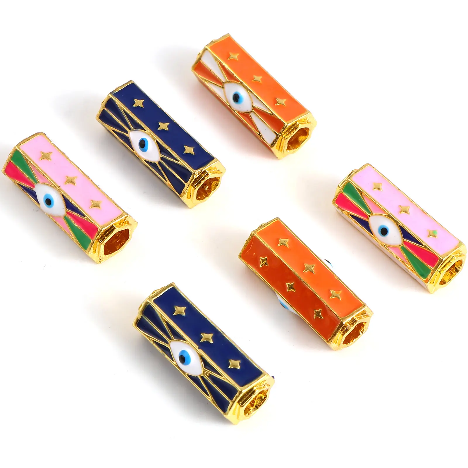 2 PCs Religious Large Hole Charm Beads Enamel Evil Eye Metal Hexagonal Prism Loose Beads Gold Color For DIY Jewelry Pendants