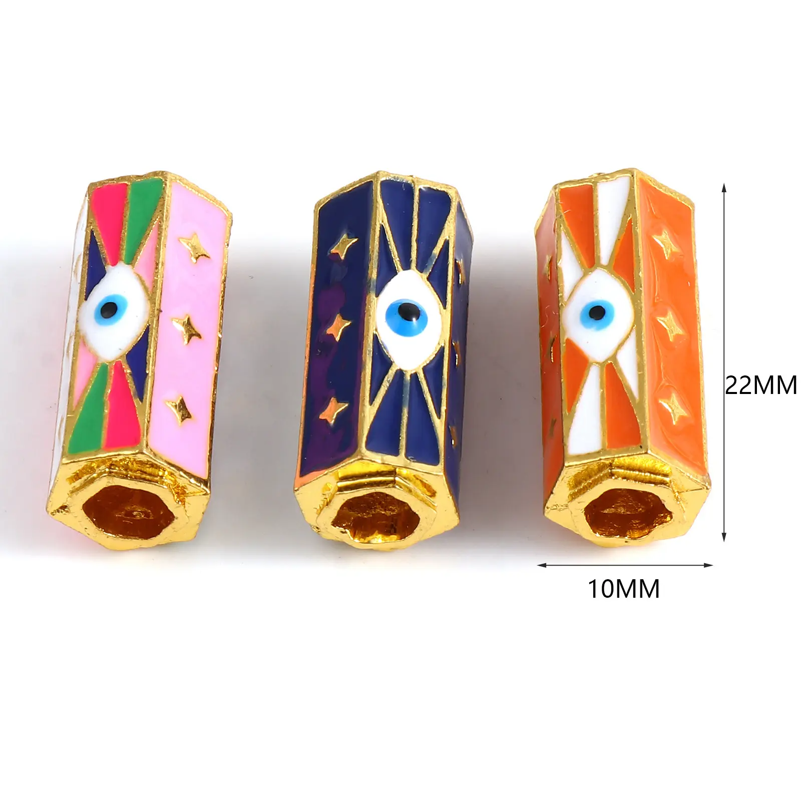 2 PCs Religious Large Hole Charm Beads Enamel Evil Eye Metal Hexagonal Prism Loose Beads Gold Color For DIY Jewelry Pendants