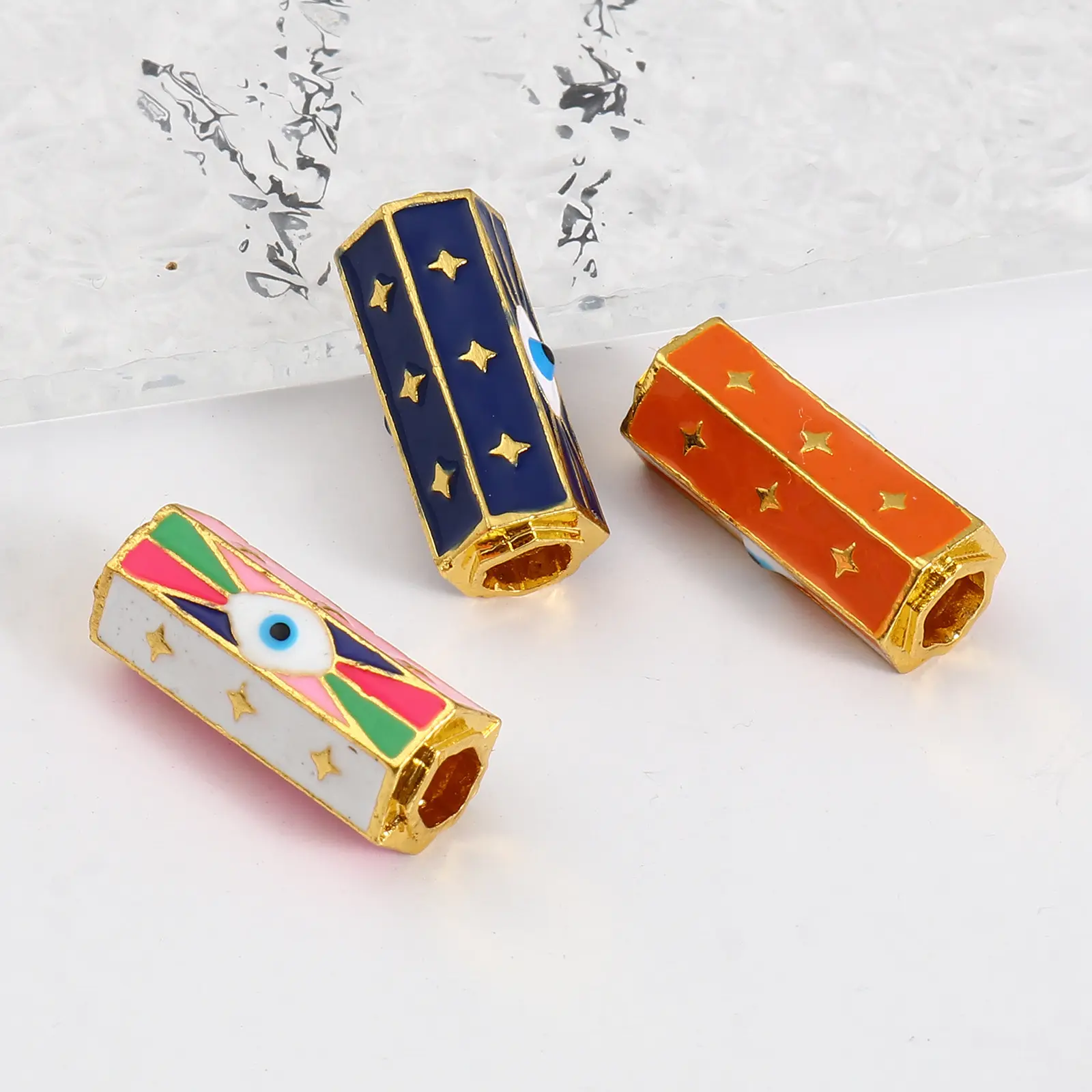2 PCs Religious Large Hole Charm Beads Enamel Evil Eye Metal Hexagonal Prism Loose Beads Gold Color For DIY Jewelry Pendants