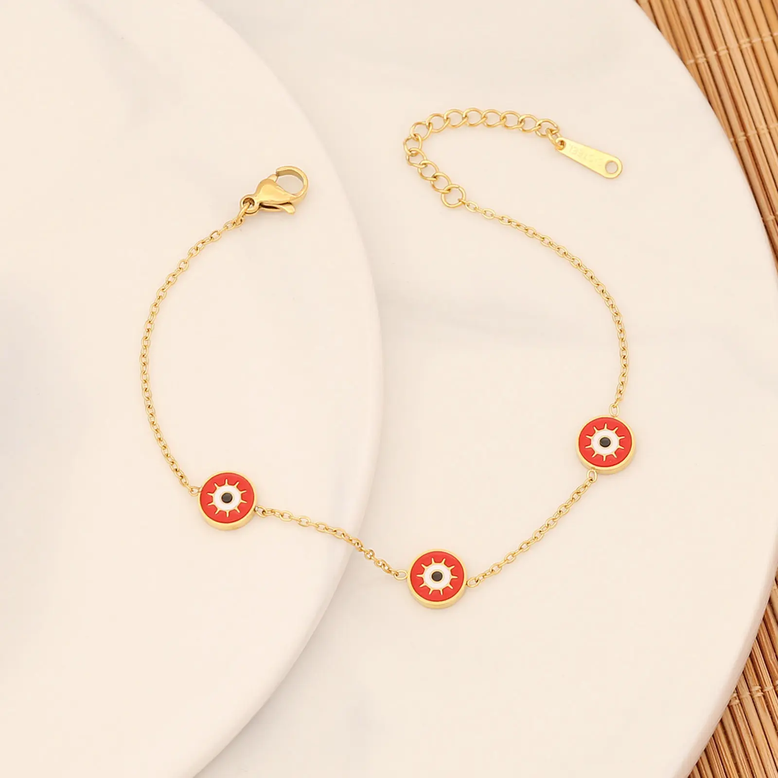 304 Stainless Steel Religious Curb Link Chain Bracelets Gold Color Evil Eye Enamel Charm Bracelets Jewelry 18cm(7 1/8") long