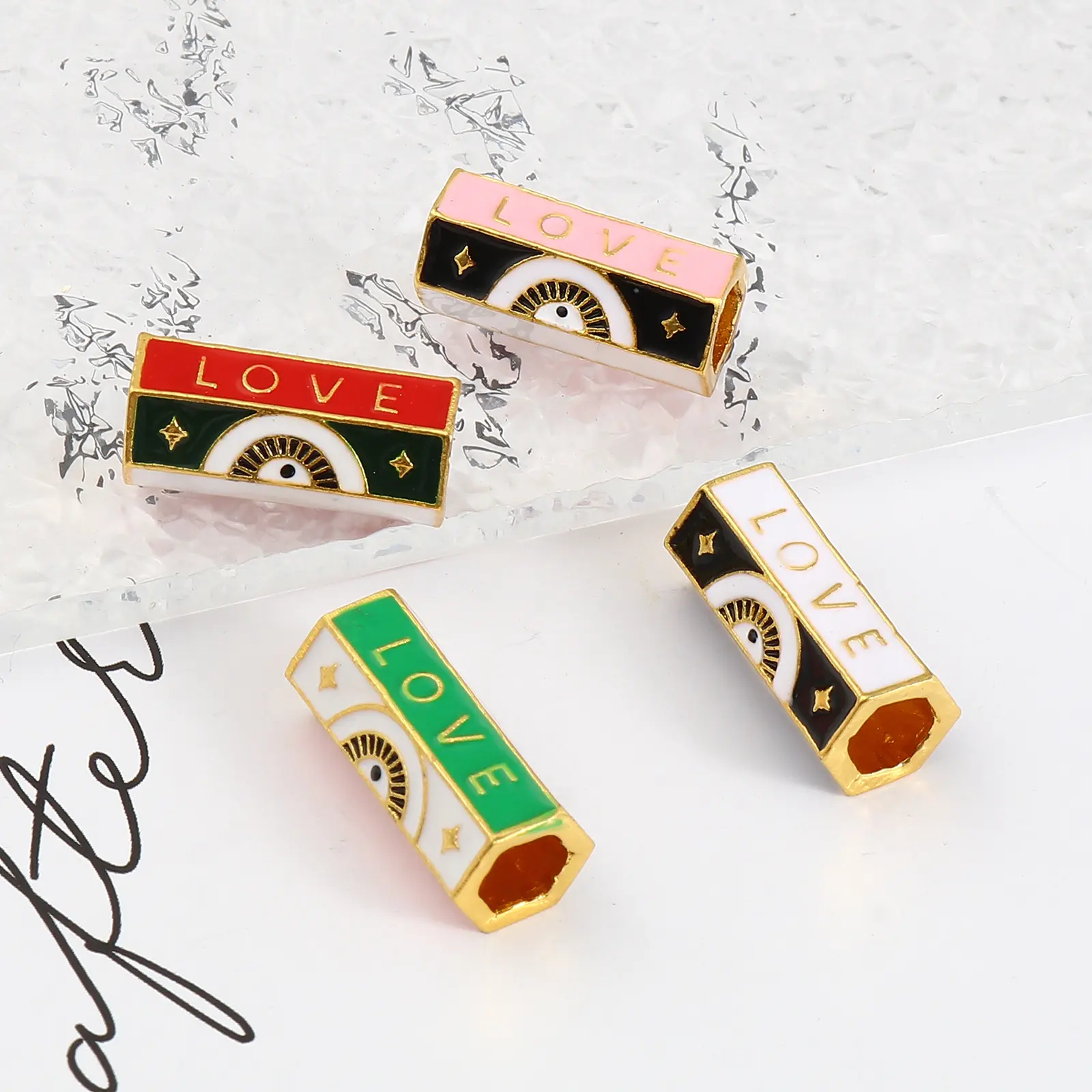 2 PCs Religious Large Hole Charm Beads Enamel Evil Eye Metal Hexagonal Prism Loose Beads Gold Color For DIY Jewelry Pendants