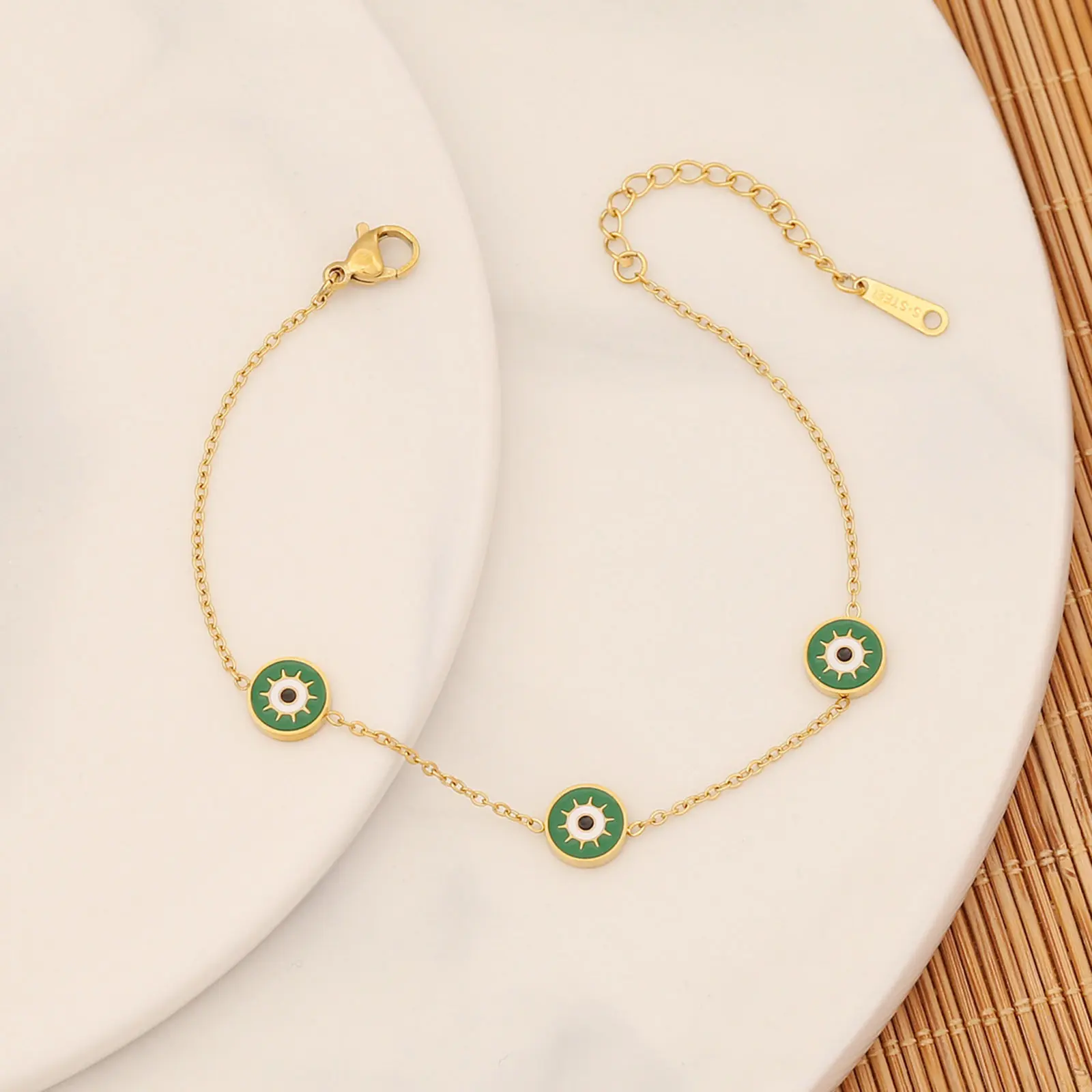 304 Stainless Steel Religious Curb Link Chain Bracelets Gold Color Evil Eye Enamel Charm Bracelets Jewelry 18cm(7 1/8") long