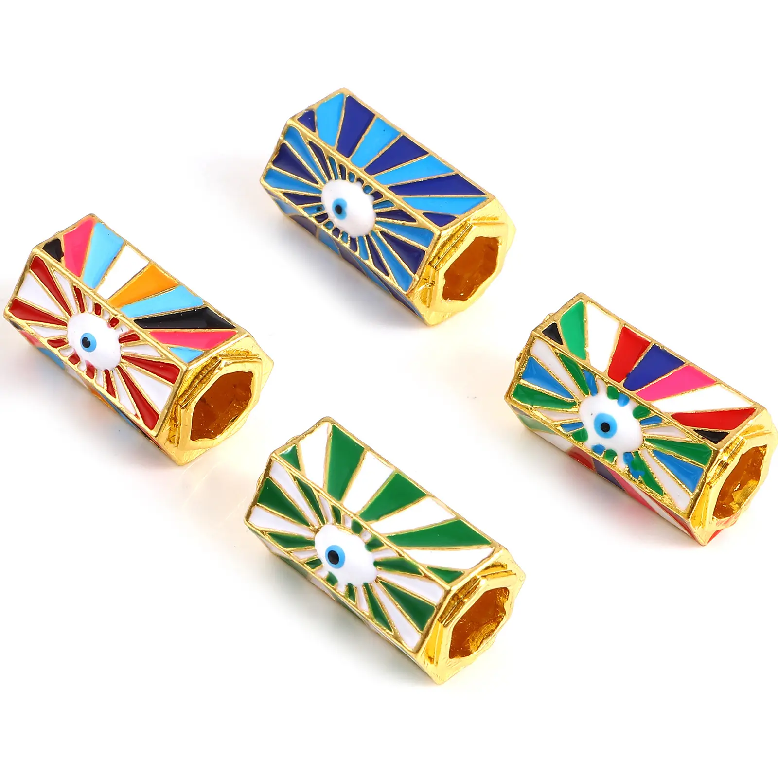 2 PCs Religious Large Hole Charm Beads Enamel Evil Eye Metal Hexagonal Prism Loose Beads Gold Color For DIY Jewelry Pendants
