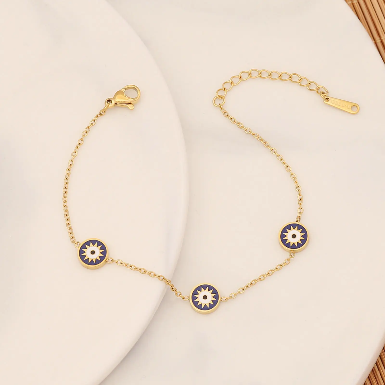 304 Stainless Steel Religious Curb Link Chain Bracelets Gold Color Evil Eye Enamel Charm Bracelets Jewelry 18cm(7 1/8") long