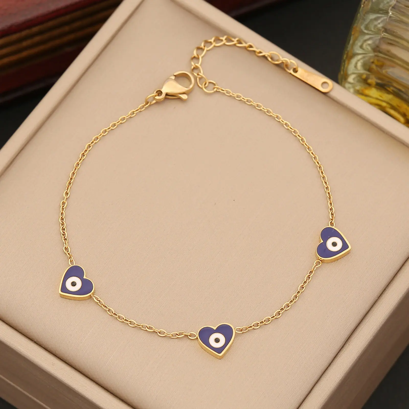 Fashion 304 Stainless Steel Evil Eye Heart Bracelet Gold Color Enamel Pendant Chain For Women Party Jewelry Trend Gift 18cm Long