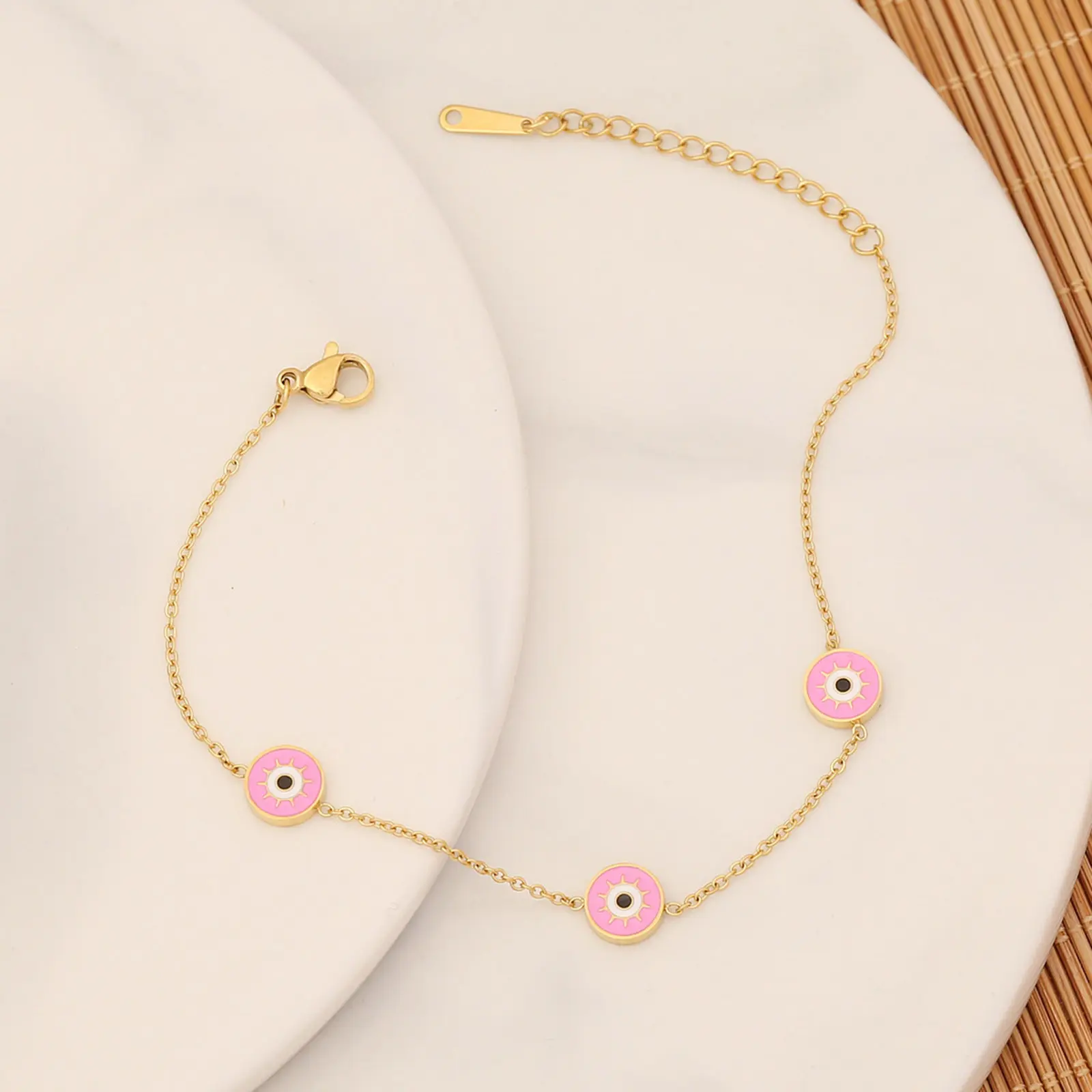 304 Stainless Steel Religious Curb Link Chain Bracelets Gold Color Evil Eye Enamel Charm Bracelets Jewelry 18cm(7 1/8") long
