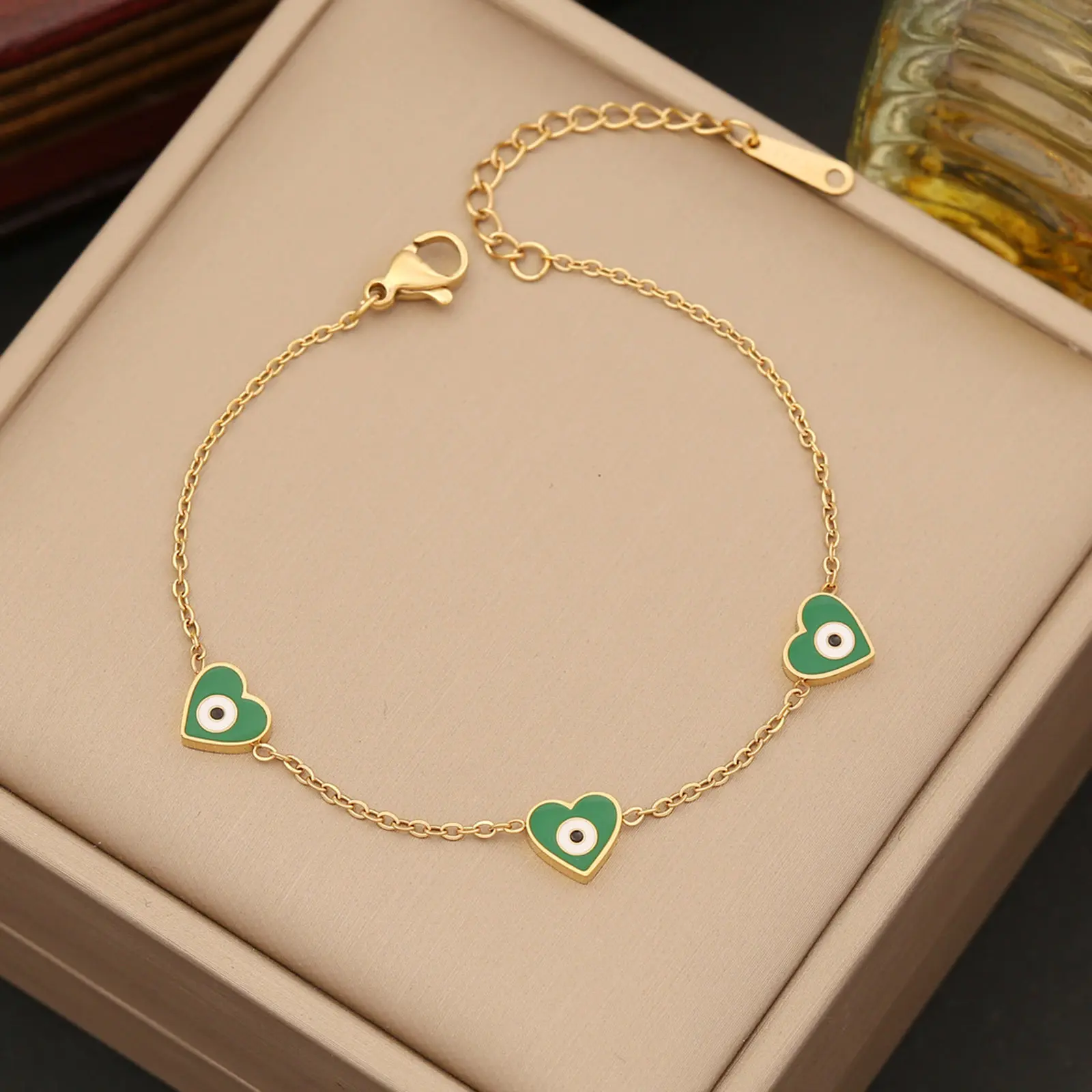 Fashion 304 Stainless Steel Evil Eye Heart Bracelet Gold Color Enamel Pendant Chain For Women Party Jewelry Trend Gift 18cm Long