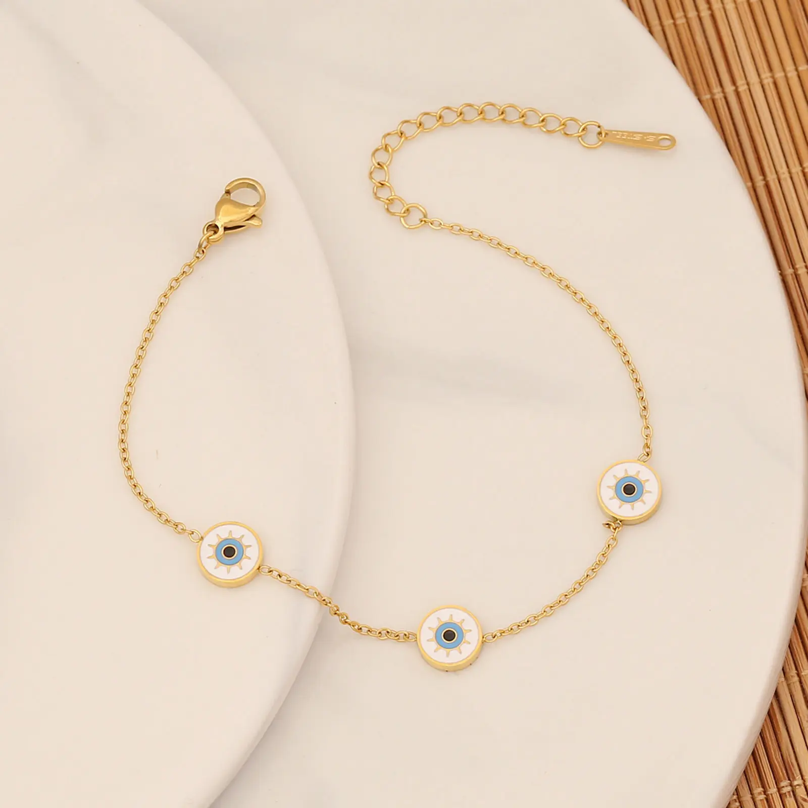 304 Stainless Steel Religious Curb Link Chain Bracelets Gold Color Evil Eye Enamel Charm Bracelets Jewelry 18cm(7 1/8") long