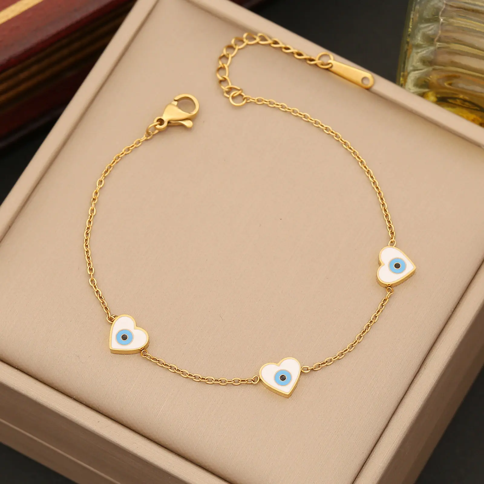 Fashion 304 Stainless Steel Evil Eye Heart Bracelet Gold Color Enamel Pendant Chain For Women Party Jewelry Trend Gift 18cm Long