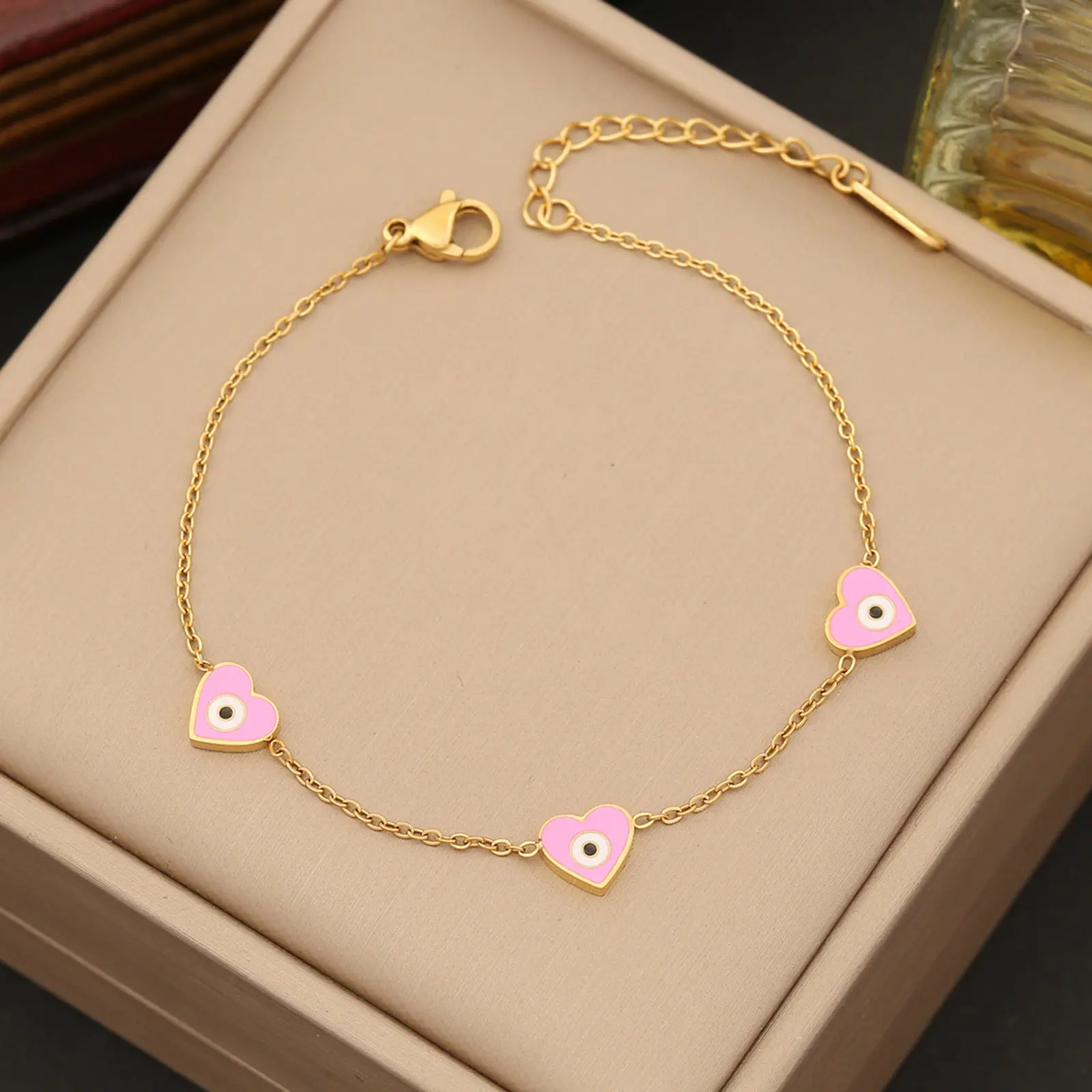 Fashion 304 Stainless Steel Evil Eye Heart Bracelet Gold Color Enamel Pendant Chain For Women Party Jewelry Trend Gift 18cm Long