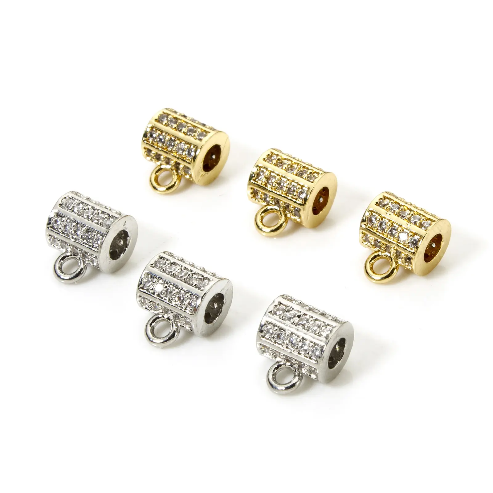 1/2/4 Piece Brass Micro Pave Bail Tube Beads With Loop For DIY Jewelry Making Findings Cylinder Clear Cubic Zirconia Connector