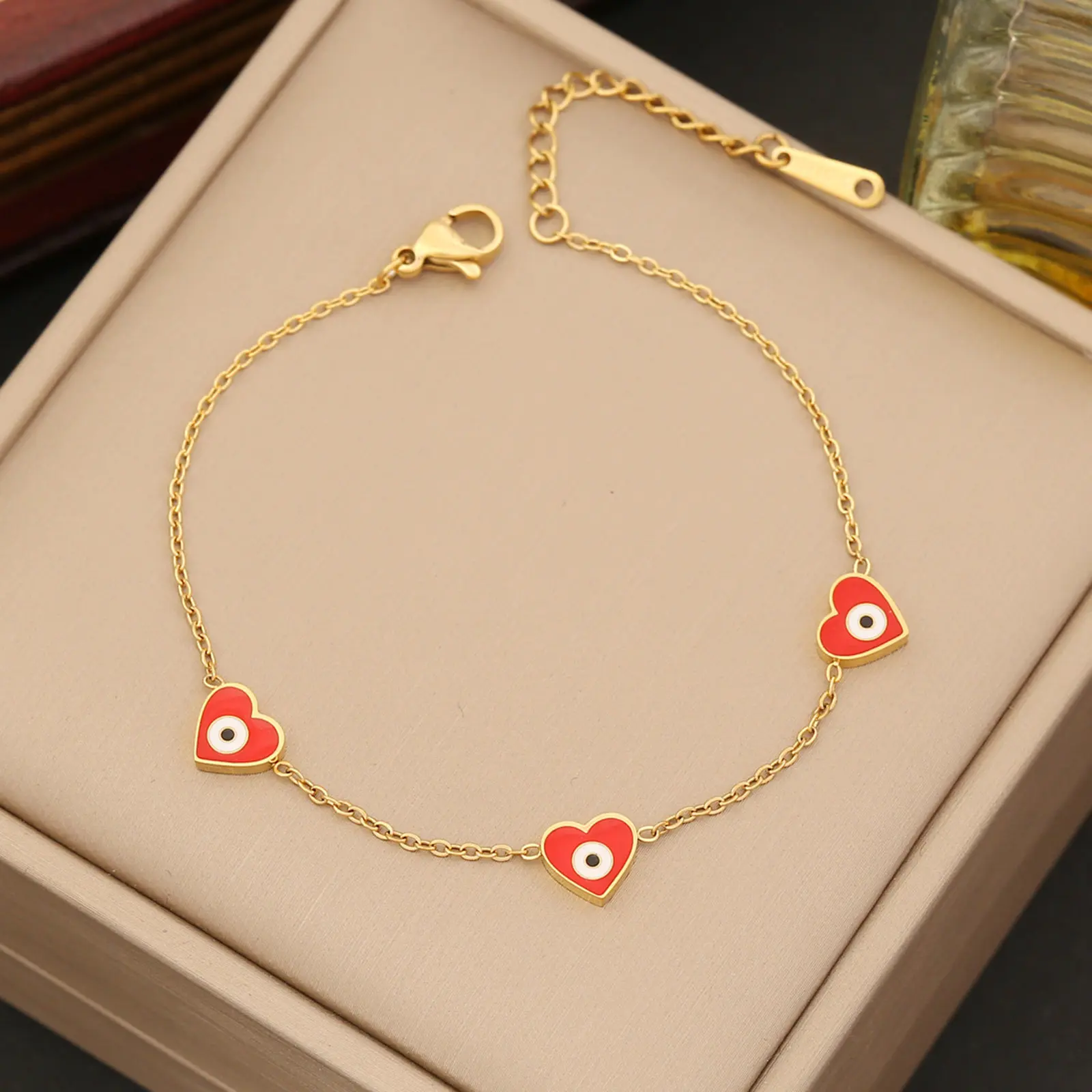 Fashion 304 Stainless Steel Evil Eye Heart Bracelet Gold Color Enamel Pendant Chain For Women Party Jewelry Trend Gift 18cm Long