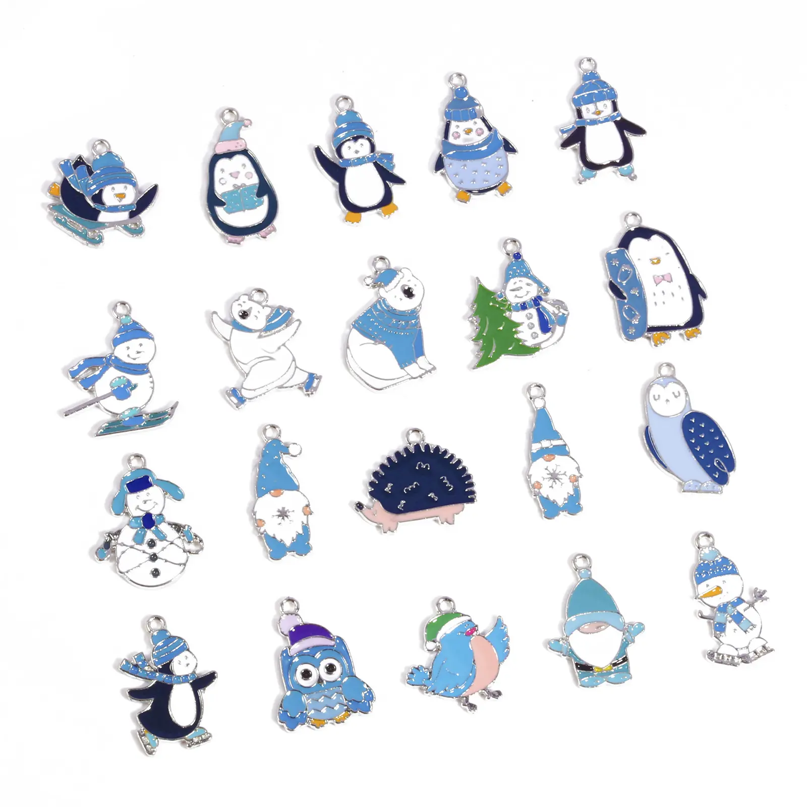 10 Pcs Zinc Based Alloy Charms Winter Style White & Blue Enamel Penguin Polar Bear Santa Claus Pendants For DIY Jewelry Making